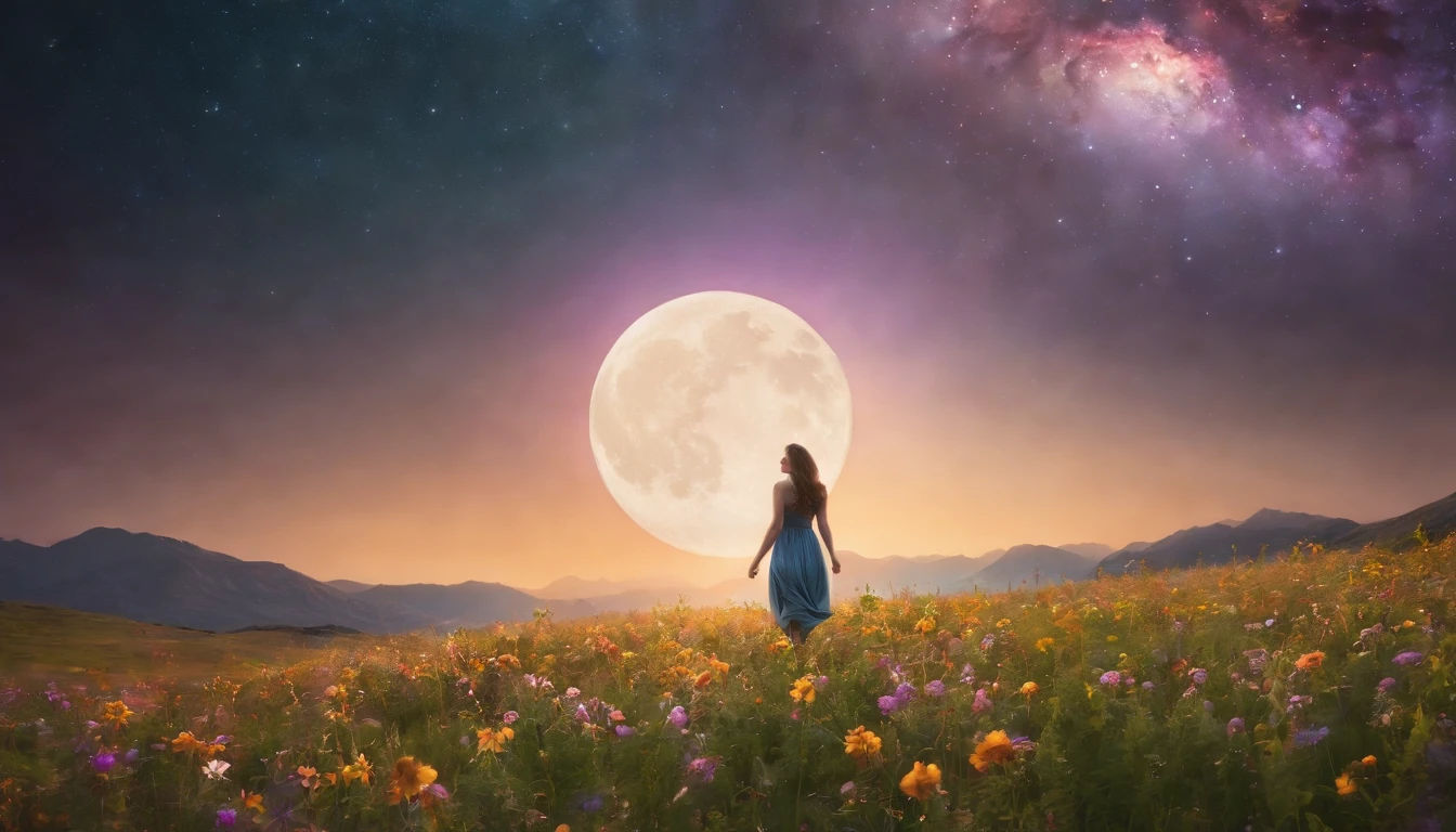 expansive landscape photography, (a bottom view showing the sky above and open country below), a girl standing in a field of flowers looking up, (full moon: 1.2), (shooting stars: 0.9), (nebula : 1.3), distant mountain, BREAK tree production art, (warm light source: 1.2), (Firefly: 1.2), lamp, lots of purple and orange, intricate details, volumetric lighting, BREAK realism (masterpiece: 1.2) , (best quality), 4k, ultra-detailed, (dynamic compositing: 1.4), highly detailed, colorful details, (iridescent colors: 1.2), (bright lighting, atmospheric lighting), dreamy, magical, (solo: 1.2)