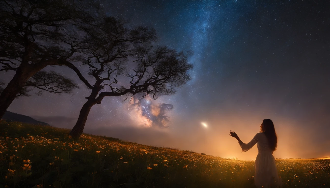 fotografia de paisagem expansiva, (a view from below showing the sky above and the open country below), a girl standing on a flower field looking up, (lua cheia: 1.2), (estrelas cadentes: 0.9), (nebulosa: 1.3), montanha distante, BREAK tree production art, (fonte de luz quente: 1.2), (Firefly: 1.2), bulb, muito roxo e laranja, detalhes intrincados, volumeric lighting, realismo BREAK (obra-prima: 1.2) , (melhor qualidade), 4k, ultra-detalhado, (dynamic compositing: 1.4), detalhes coloridos altamente detalhados, (cores iridescentes: 1.2), (bright illumination, Atmospheric Illumination), sonhador, magica, (solo: 1.2)