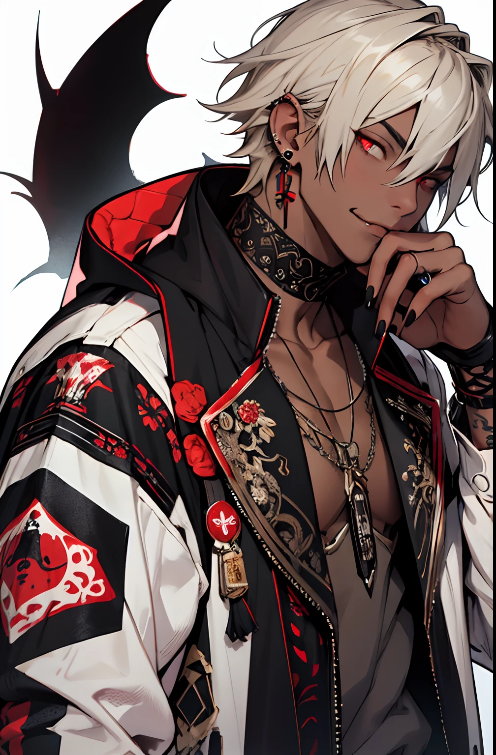 1boys，Single person，Young men，l vampire，fang，Y2K，Emo style，non-mainstream，Mines are boys，Harajuku style，Exaggerated dressing，Intricate ornaments，Rock style，Gothic style，rivet，ear studs，One-sided earring, pale blonde hair，silver ring，dark-skinned, dark-skin male, glowing red eyes, black fingernails, white background