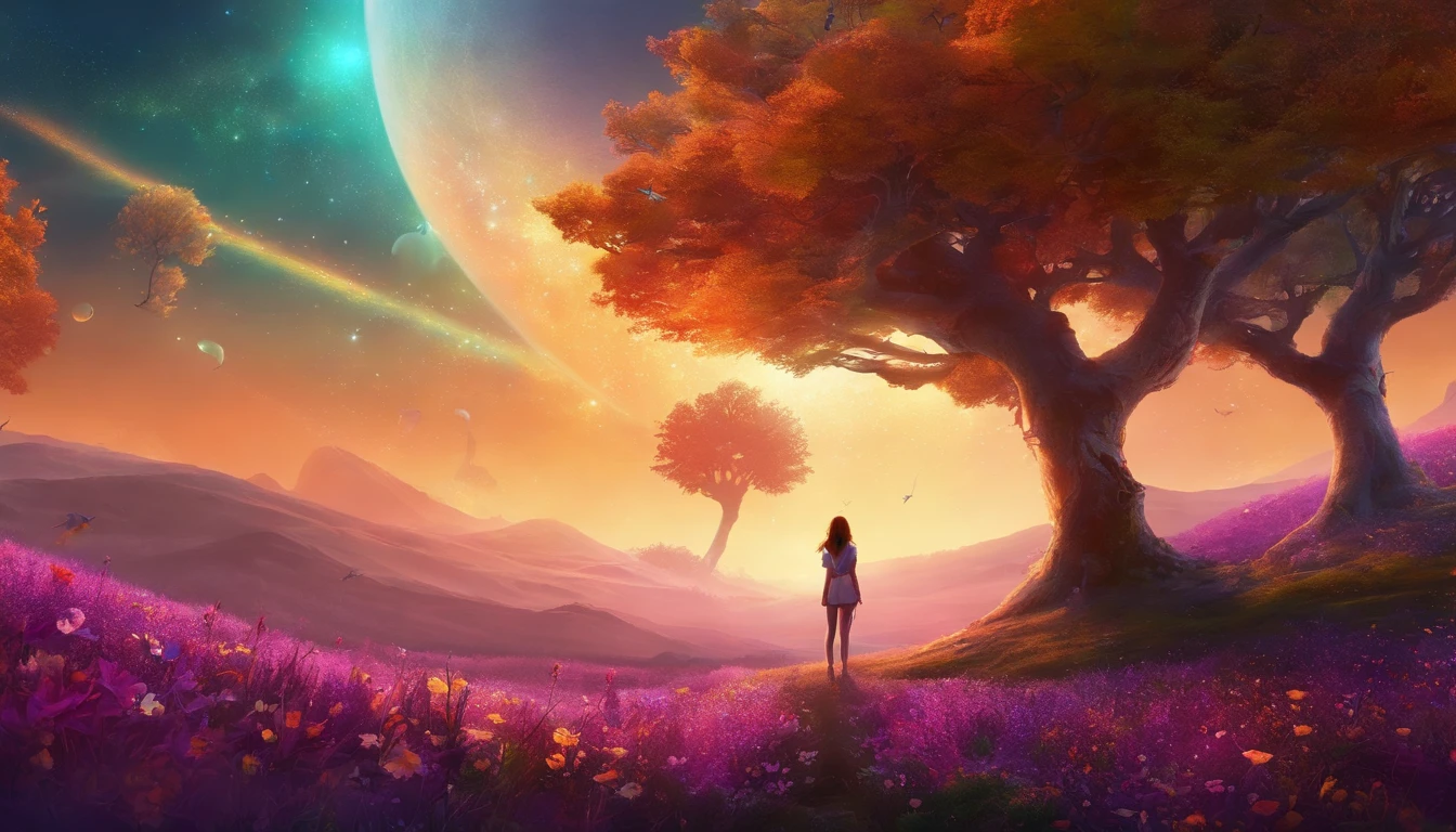 fotografia de paisagem expansiva, (a view from below showing the sky above and the open country below), a girl standing on a flower field looking up, (lua cheia: 1.2), (estrelas cadentes: 0.9), (nebulosa: 1.3), montanha distante, BREAK tree production art, (fonte de luz quente: 1.2), (Firefly: 1.2), bulb, muito roxo e laranja, detalhes intrincados, volumeric lighting, realismo BREAK (obra-prima: 1.2) , (melhor qualidade), 4k, ultra-detalhado, (dynamic compositing: 1.4), detalhes coloridos altamente detalhados, (cores iridescentes: 1.2), (bright illumination, Atmospheric Illumination), sonhador, magica, (solo: 1.2)