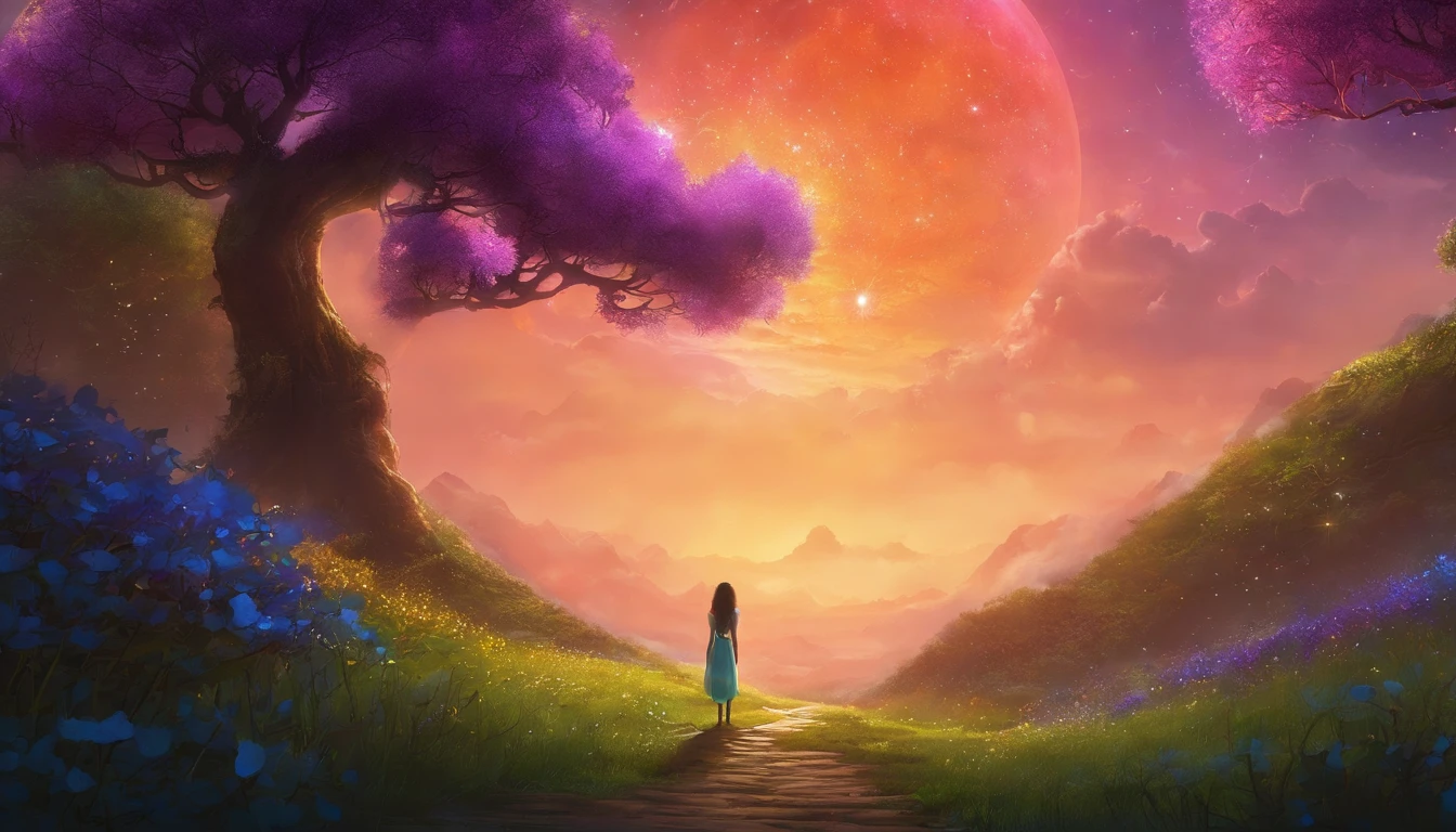 fotografia de paisagem expansiva, (a view from below showing the sky above and the open country below), a girl standing on a flower field looking up, (lua cheia: 1.2), (estrelas cadentes: 0.9), (nebulosa: 1.3), montanha distante, BREAK tree production art, (fonte de luz quente: 1.2), (Firefly: 1.2), bulb, muito roxo e laranja, detalhes intrincados, volumeric lighting, realismo BREAK (obra-prima: 1.2) , (melhor qualidade), 4k, ultra-detalhado, (dynamic compositing: 1.4), detalhes coloridos altamente detalhados, (cores iridescentes: 1.2), (bright illumination, Atmospheric Illumination), sonhador, magica, (solo: 1.2)