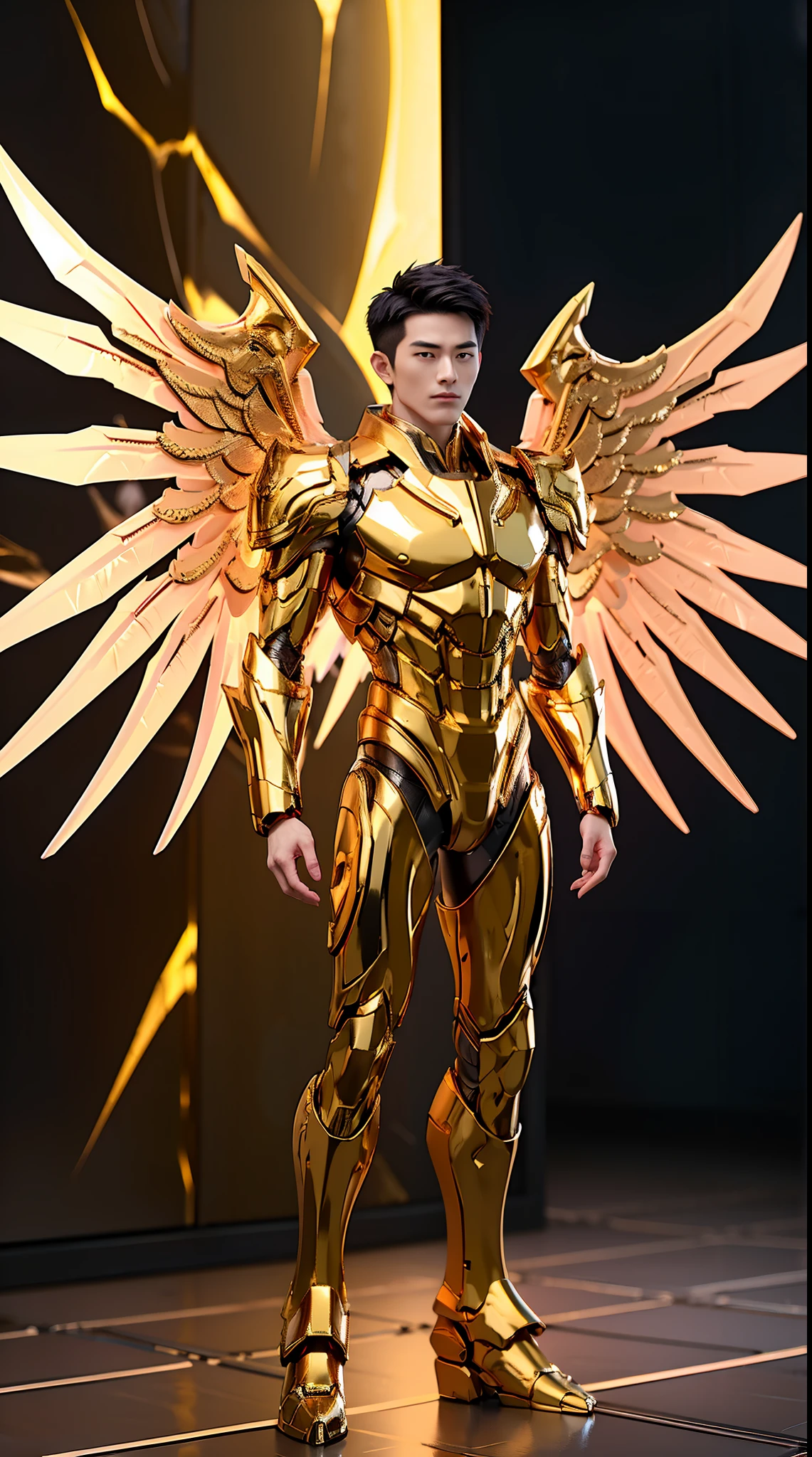 A MAN, HANDSOME FACE, GOLD DRAGON, MECHA ARMOR FULL SUIT, (A PAIR LARGEST WINGS), TRANSPARANT, TALL LEGS, STANDING, MUSCULAR BODY.