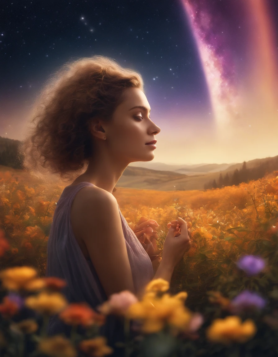 Vast landscape photo, (viewed from below, the sky is above and the open field is below), a girl standing on a flower field looking up, (full moon: 1.2), (meteor: 0.9), (nebula: 1.3), distant mountains , Trees BREAK Crafting Art, (Warm Light: 1.2), (Fireflies: 1.2), Lights, Lots of Purple and Orange, Intricate Details, Volumetric Lighting, Realism BREAK (Masterpiece: 1.2), (Best Quality), 4k, Ultra-Detailed, (Dynamic Composition: 1.4), Very Detailed, Colorful Details, (Rainbow Colors: 1.2), (Glow Lighting, Atmospheric Lighting), Dreamy, Magical, (Solo: 1.2)