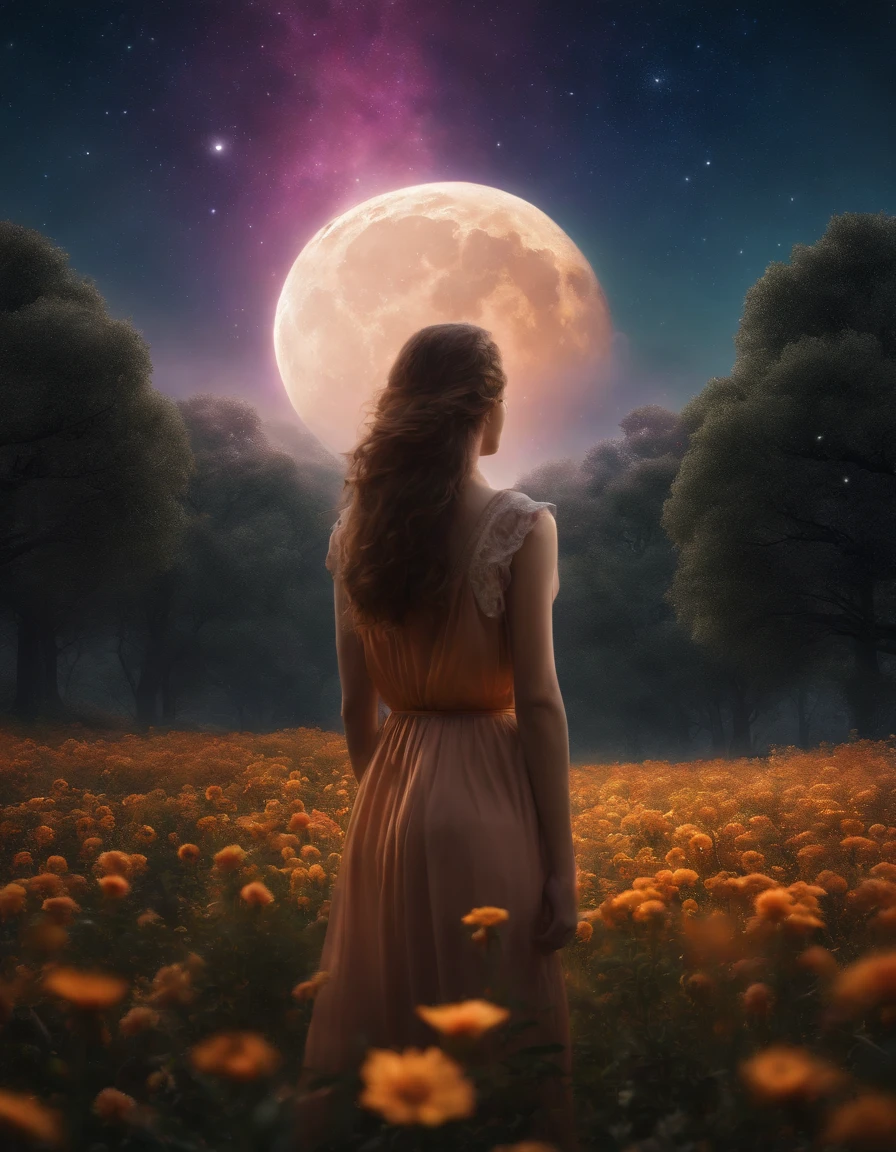 Vast landscape photo, (viewed from below, the sky is above and the open field is below), a girl standing on a flower field looking up, (full moon: 1.2), (meteor: 0.9), (nebula: 1.3), distant mountains , Trees BREAK Crafting Art, (Warm Light: 1.2), (Fireflies: 1.2), Lights, Lots of Purple and Orange, Intricate Details, Volumetric Lighting, Realism BREAK (Masterpiece: 1.2), (Best Quality), 4k, Ultra-Detailed, (Dynamic Composition: 1.4), Very Detailed, Colorful Details, (Rainbow Colors: 1.2), (Glow Lighting, Atmospheric Lighting), Dreamy, Magical, (Solo: 1.2)