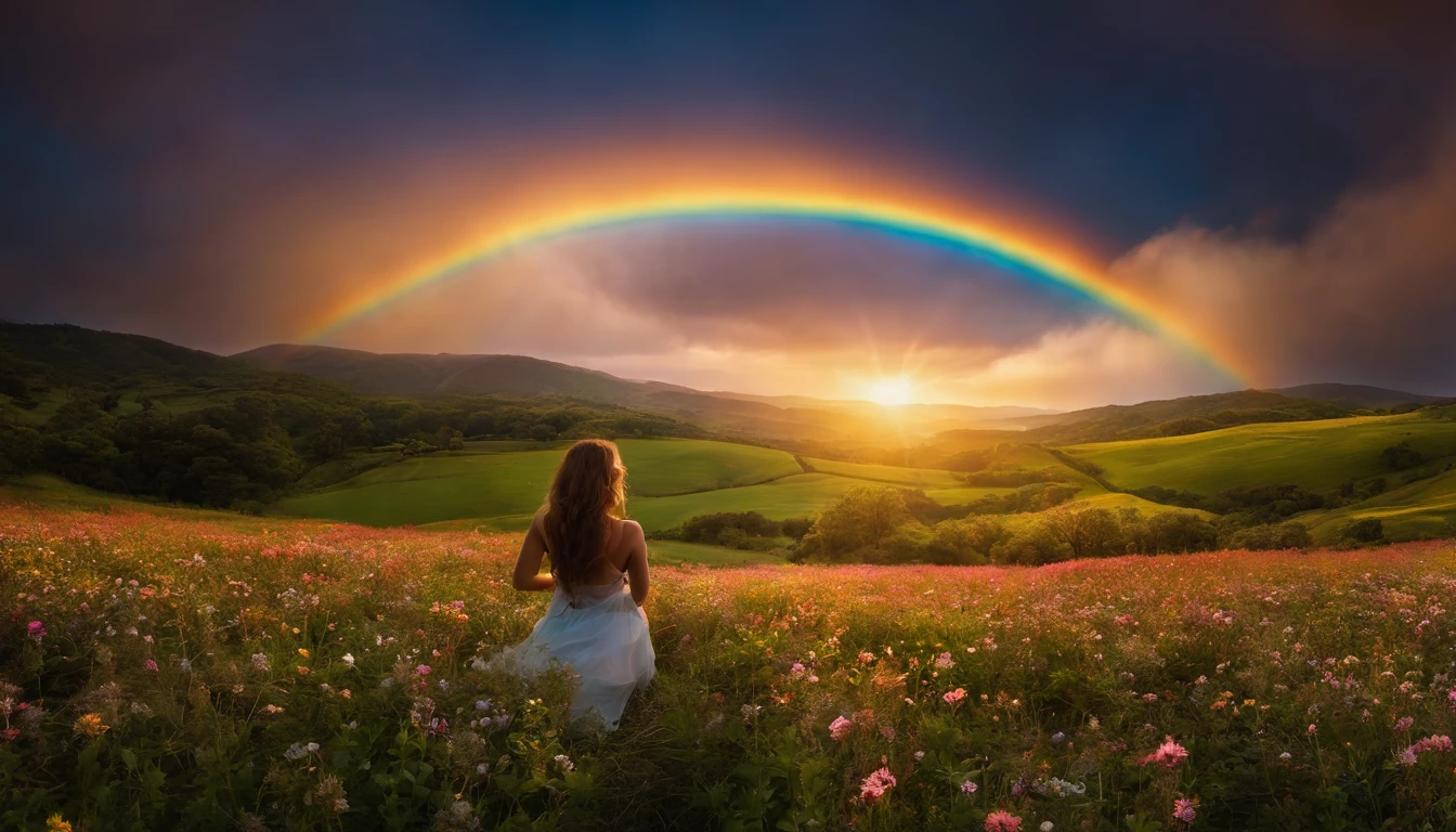 Vasta foto de paisagem, (vista de baixo, The sky is above and the open field is below), a girl standing on a flower field looking up, (lua cheia: 1.2), (meteoro: 0.9), (nebulosa: 1.3), montanhas distantes, Árvores BREAK Crafting Art, (Luz Quente: 1.2), (Vagalumes: 1.2), Luzes, Muito Roxo e Laranja, Detalhes Intrincados, volumeric lighting, Realismo BREAK (Obra-prima: 1.2), (melhor qualidade), 4k, ultra-detalhado, (dynamic compositing: 1.4), detalhes muito detalhados e coloridos, (rainbow colors: 1.2), (bright illumination, Atmospheric Illumination), sonhador, magica, (solo: 1.2)