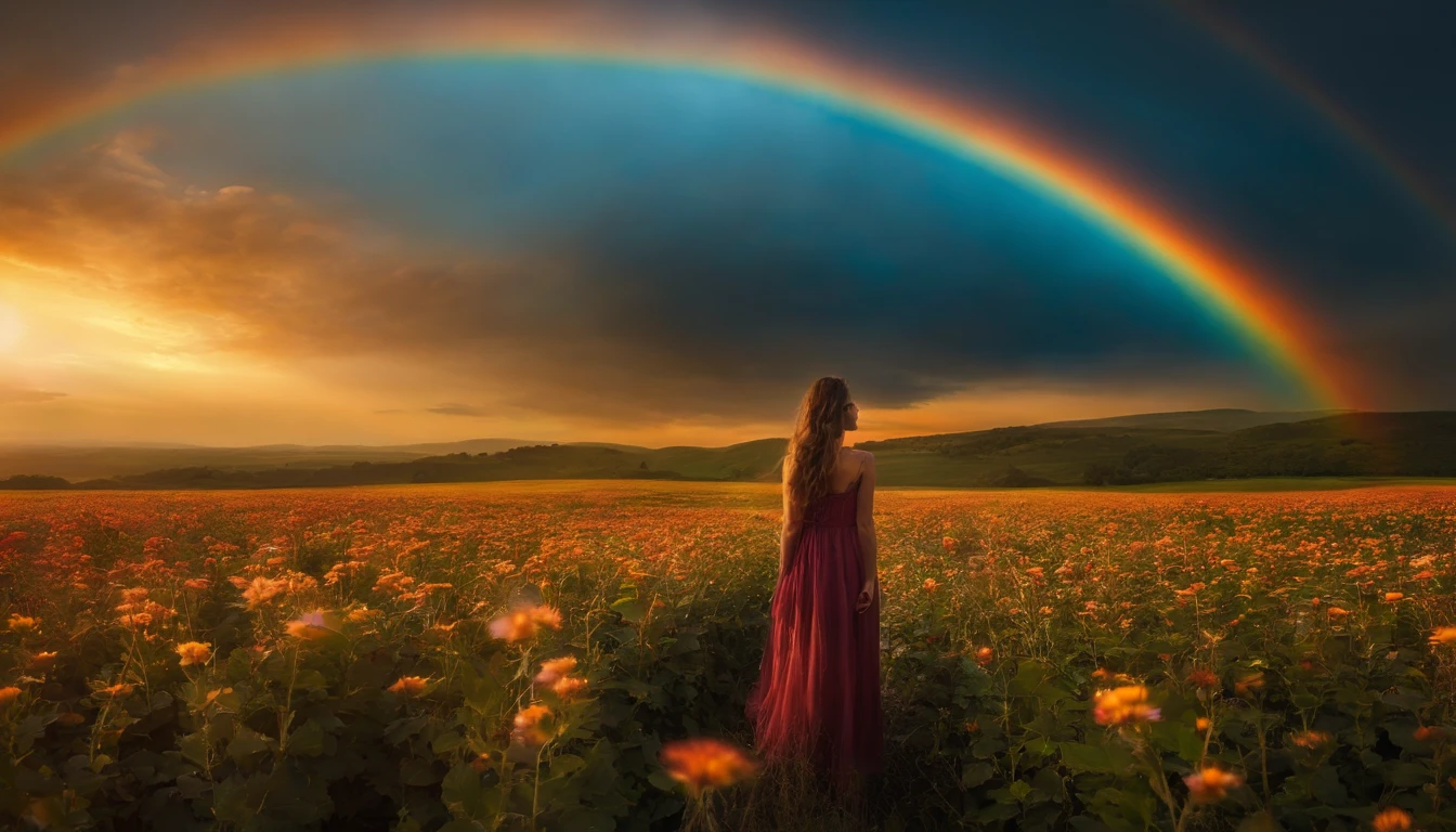 Vasta foto de paisagem, (vista de baixo, The sky is above and the open field is below), a girl standing on a flower field looking up, (lua cheia: 1.2), (meteoro: 0.9), (nebulosa: 1.3), montanhas distantes, Árvores BREAK Crafting Art, (Luz Quente: 1.2), (Vagalumes: 1.2), Luzes, Muito Roxo e Laranja, Detalhes Intrincados, volumeric lighting, Realismo BREAK (Obra-prima: 1.2), (melhor qualidade), 4k, ultra-detalhado, (dynamic compositing: 1.4), detalhes muito detalhados e coloridos, (rainbow colors: 1.2), (bright illumination, Atmospheric Illumination), sonhador, magica, (solo: 1.2)