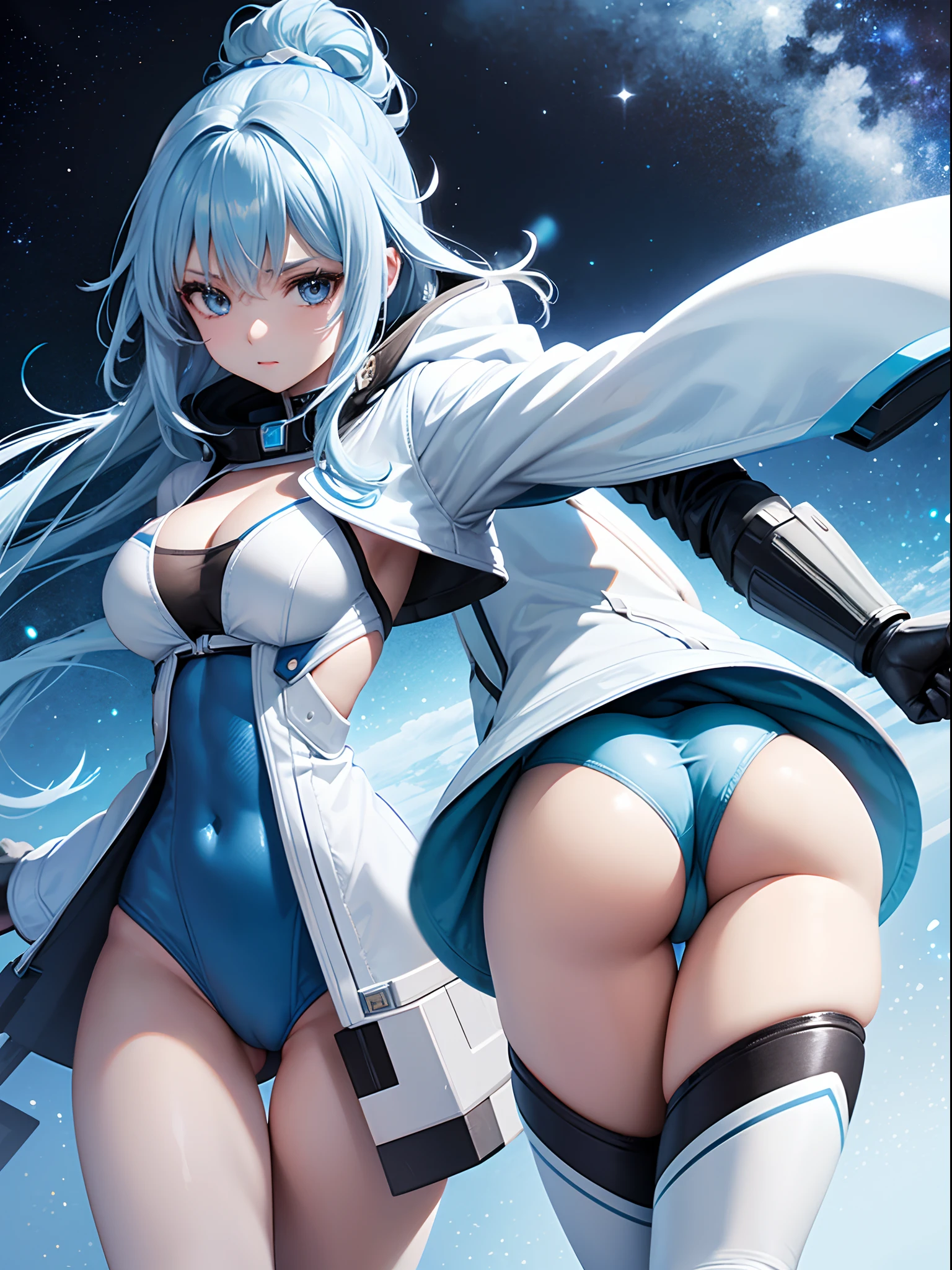 Space Warrior Girl with long light blue hair White and blue leotard jacket Open your jacket and check your cleavage The rear view is, buttocks visible White panty