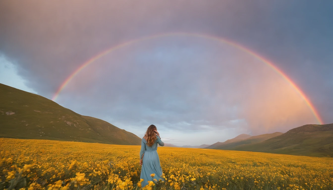 Vasta foto de paisagem, (vista de baixo, The sky is above and the open field is below), a girl standing on a flower field looking up, (lua cheia: 1.2), (meteoro: 0.9), (nebulosa: 1.3), montanhas distantes, Árvores BREAK Crafting Art, (Luz Quente: 1.2), (Vagalumes: 1.2), Luzes, Muito Roxo e Laranja, Detalhes Intrincados, volumeric lighting, Realismo BREAK (Obra-prima: 1.2), (melhor qualidade), 4k, ultra-detalhado, (dynamic compositing: 1.4), detalhes muito detalhados e coloridos, (rainbow colors: 1.2), (bright illumination, Atmospheric Illumination), sonhador, magica, (solo: 1.2)