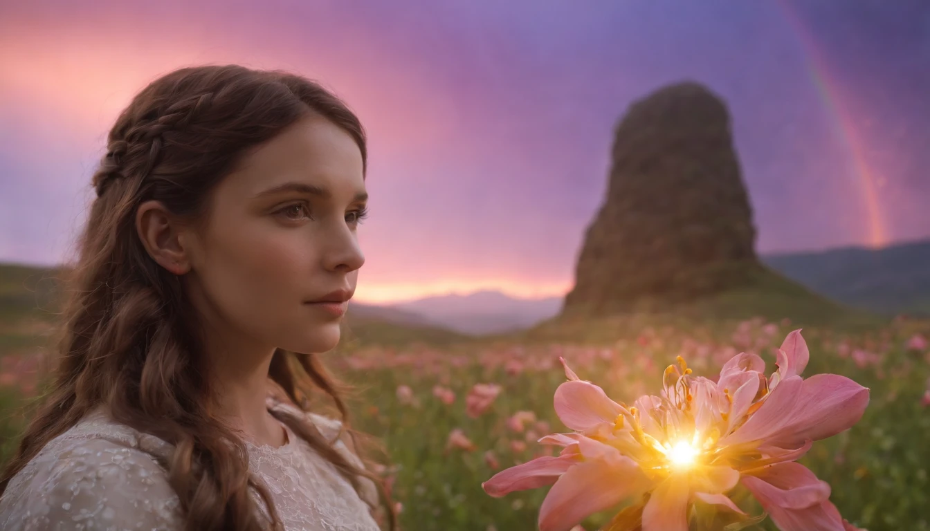 Vasta foto de paisagem, (vista de baixo, The sky is above and the open field is below), a girl standing on a flower field looking up, (lua cheia: 1.2), (meteoro: 0.9), (nebulosa: 1.3), montanhas distantes, Árvores BREAK Crafting Art, (Luz Quente: 1.2), (Vagalumes: 1.2), Luzes, Muito Roxo e Laranja, Detalhes Intrincados, volumeric lighting, Realismo BREAK (Obra-prima: 1.2), (melhor qualidade), 4k, ultra-detalhado, (dynamic compositing: 1.4), detalhes muito detalhados e coloridos, (rainbow colors: 1.2), (bright illumination, Atmospheric Illumination), sonhador, magica, (solo: 1.2)
