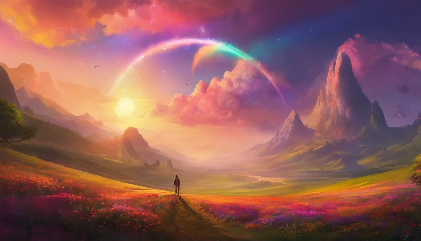 Vasta foto de paisagem, (vista de baixo, The sky is above and the open field is below), a girl standing on a flower field looking up, (lua cheia: 1.2), (meteoro: 0.9), (nebulosa: 1.3), montanhas distantes, Árvores BREAK Crafting Art, (Luz Quente: 1.2), (Vagalumes: 1.2), Luzes, Muito Roxo e Laranja, Detalhes Intrincados, volumeric lighting, Realismo BREAK (Obra-prima: 1.2), (melhor qualidade), 4k, ultra-detalhado, (dynamic compositing: 1.4), detalhes muito detalhados e coloridos, (rainbow colors: 1.2), (bright illumination, Atmospheric Illumination), sonhador, magica, (solo: 1.2)