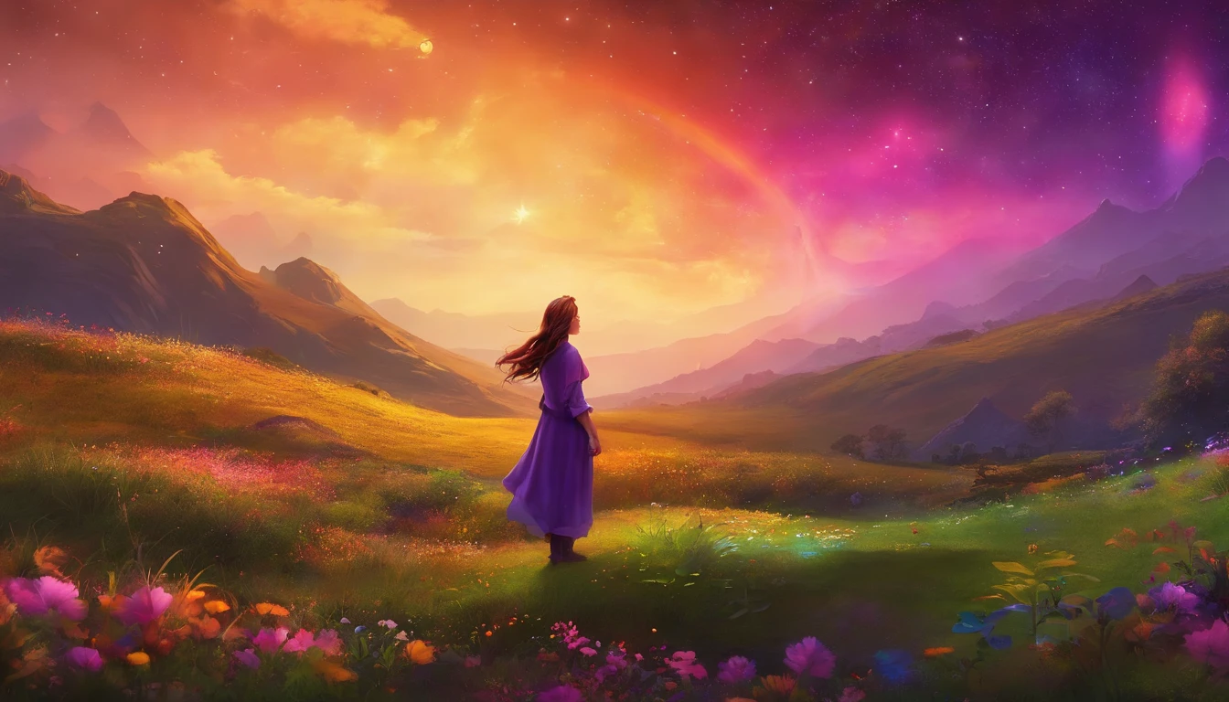 Vasta foto de paisagem, (vista de baixo, The sky is above and the open field is below), a girl standing on a flower field looking up, (lua cheia: 1.2), (meteoro: 0.9), (nebulosa: 1.3), montanhas distantes, Árvores BREAK Crafting Art, (Luz Quente: 1.2), (Vagalumes: 1.2), Luzes, Muito Roxo e Laranja, Detalhes Intrincados, volumeric lighting, Realismo BREAK (Obra-prima: 1.2), (melhor qualidade), 4k, ultra-detalhado, (dynamic compositing: 1.4), detalhes muito detalhados e coloridos, (rainbow colors: 1.2), (bright illumination, Atmospheric Illumination), sonhador, magica, (solo: 1.2)