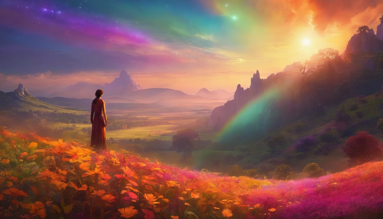 Vasta foto de paisagem, (vista de baixo, The sky is above and the open field is below), a girl standing on a flower field looking up, (lua cheia: 1.2), (meteoro: 0.9), (nebulosa: 1.3), montanhas distantes, Árvores BREAK Crafting Art, (Luz Quente: 1.2), (Vagalumes: 1.2), Luzes, Muito Roxo e Laranja, Detalhes Intrincados, volumeric lighting, Realismo BREAK (Obra-prima: 1.2), (melhor qualidade), 4k, ultra-detalhado, (dynamic compositing: 1.4), detalhes muito detalhados e coloridos, (rainbow colors: 1.2), (bright illumination, Atmospheric Illumination), sonhador, magica, (solo: 1.2)