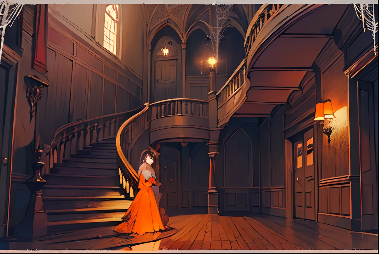 (((ghost girl in lencery))) (((medium breast))) stepping up a victoran manor foyer with stairs (((spiderwebs))) (((dust))) (Victorian house) ((Haunted manor)) ((haunted ambient)) (foyer) wide view, girl uping the stairs, Tim Burton inspired, (((violet, orange, brown, red, dark grey palette))) (((dusk ligth)))