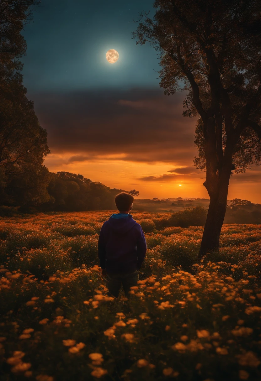 Vastas fotos de paisagem, (de baixo, the sky above, Abrir campos abaixo), a boy standing in a field of flowers looking up, (lua cheia: 1.2), (Meteoro: 0.9), (nebula: 1.3), montanhas distantes, Trees BREAK Making Art, (Fonte de Luz Quente: 1.2), (Pirilampo: 1.2), lamps, Muito roxo e laranja, detalhes intrincados, volumetric lighting BREAK (master part: 1.2), (best quality), 4k, ultra detalhado, (dynamic compositing: 1.4), circunstanciado, colorido, (iridescente: 1.2), (brilhar, Atmospheric Illumination), sonhador, Fantastic, (sozinho: 1.2)