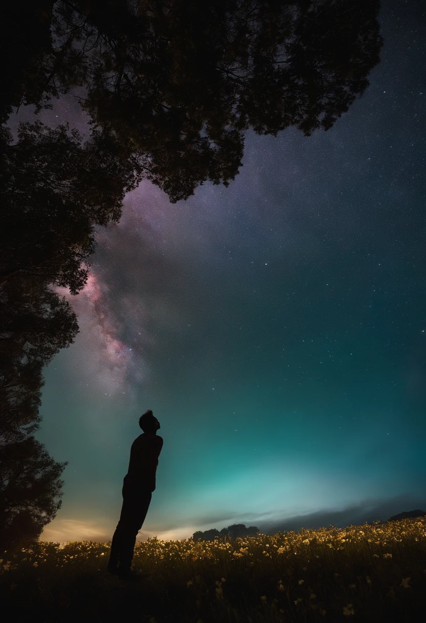 Vastas fotos de paisagem, (de baixo, the sky above, Abrir campos abaixo), a boy standing in a field of flowers looking up, (lua cheia: 1.2), (Meteoro: 0.9), (nebula: 1.3), montanhas distantes, Trees BREAK Making Art, (Fonte de Luz Quente: 1.2), (Pirilampo: 1.2), lamps, Muito roxo e laranja, detalhes intrincados, volumetric lighting BREAK (master part: 1.2), (best quality), 4k, ultra detalhado, (dynamic compositing: 1.4), circunstanciado, colorido, (iridescente: 1.2), (brilhar, Atmospheric Illumination), sonhador, Fantastic, (sozinho: 1.2)