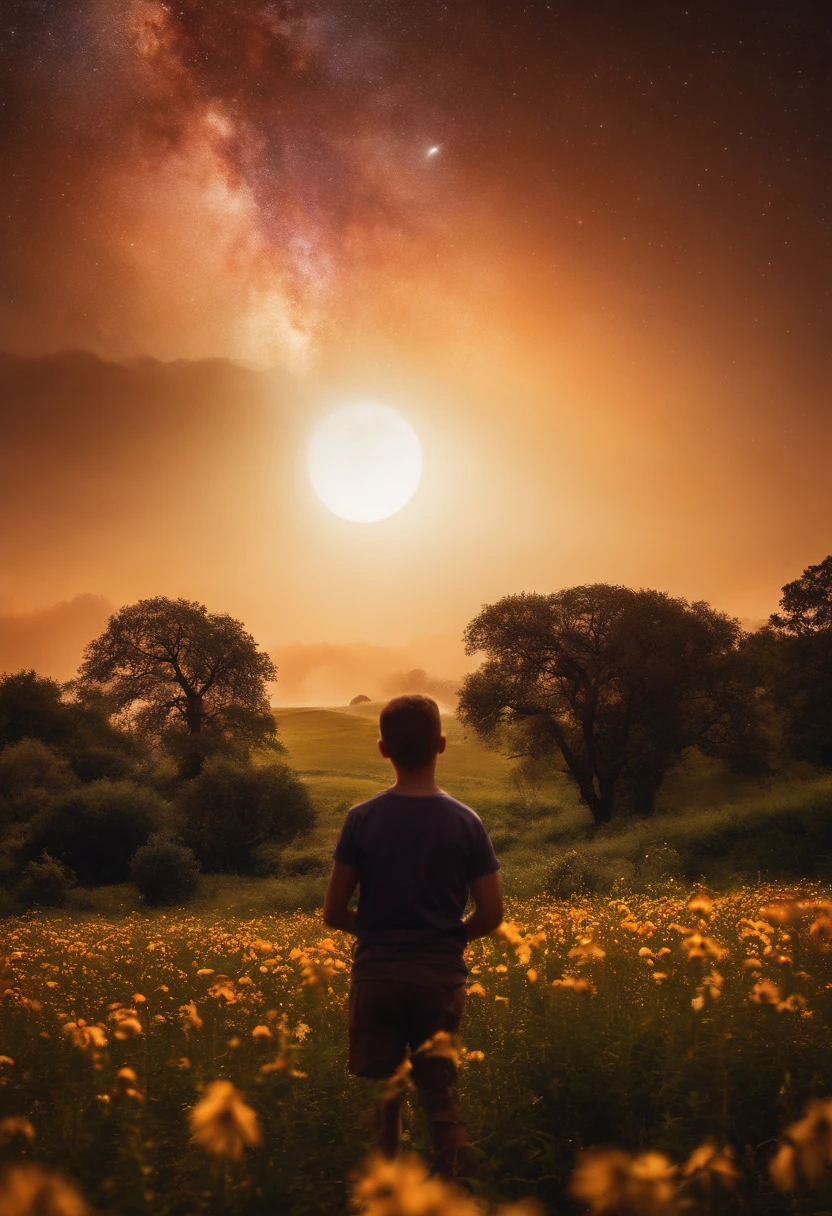 Vastas fotos de paisagem, (de baixo, the sky above, Abrir campos abaixo), a boy standing in a field of flowers looking up, (lua cheia: 1.2), (Meteoro: 0.9), (nebula: 1.3), montanhas distantes, Trees BREAK Making Art, (Fonte de Luz Quente: 1.2), (Pirilampo: 1.2), lamps, Muito roxo e laranja, detalhes intrincados, volumetric lighting BREAK (master part: 1.2), (best quality), 4k, ultra detalhado, (dynamic compositing: 1.4), circunstanciado, colorido, (iridescente: 1.2), (brilhar, Atmospheric Illumination), sonhador, Fantastic, (sozinho: 1.2)