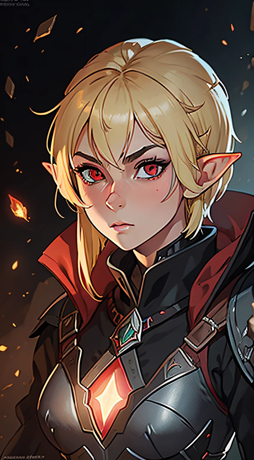 (best quality,ultra-detailed),(realistic:1.37),female elf witch,short blonde hair,red eyes,black mage hat,metal armor,black sword,elves faces feature,detailed facial features,sharp focus,vivid colors,concept artists,studio lighting