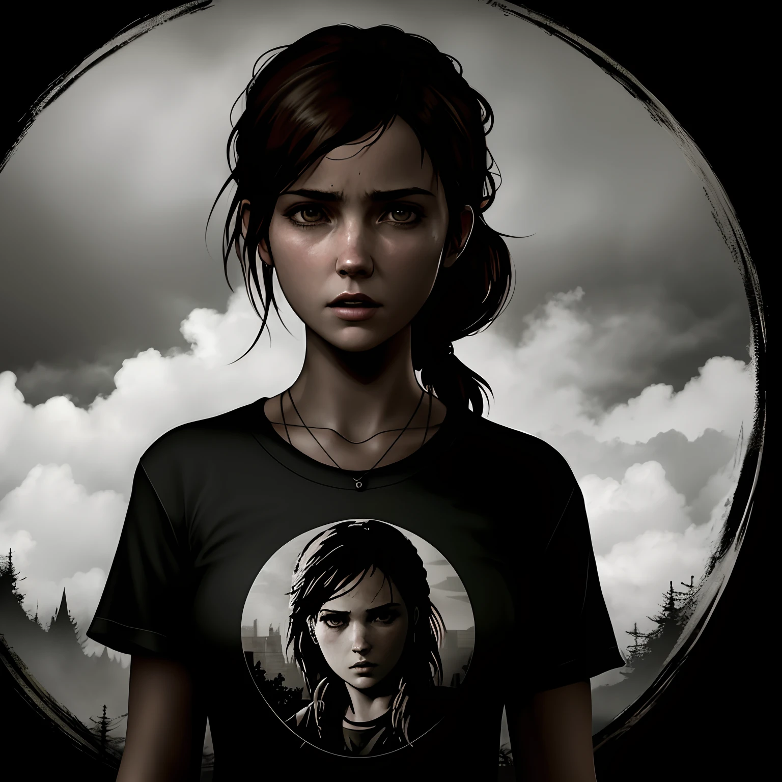 t-shirt design, 2D illustration, centered art, black background, face of EllieThe Last Of Us Game, gothic colors, mood of tension and terror, Adobe Illustration, Trending on Artstation, 8K, hd, masterpiece, gorgeous art, intricate details , -