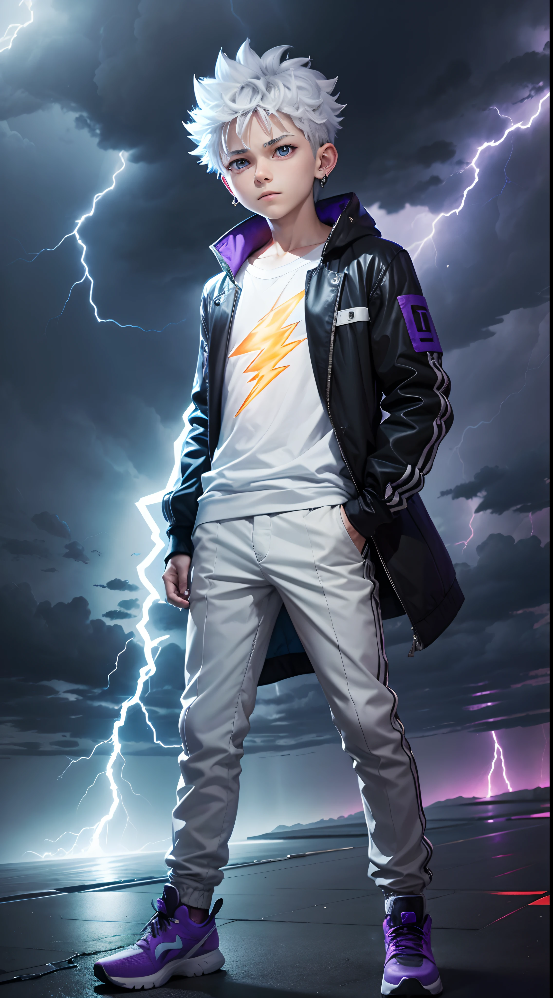(1boy), (full body), (masterpiece), (Killua_Zoldyck), a boy with silver hair and blue eyes, wearing white shirt, peaceful smile, lightning bolt-shaped earrings, electricity aura, in a thunderstorm, electric sparks body, lightning bolts, Hands in pockets , purple shoes, intense gaze, cool expression, cool pose, lightning-themed background, anime style, vibrant colors, dramatic lighting. (best quality, highres), stormy atmosphere.