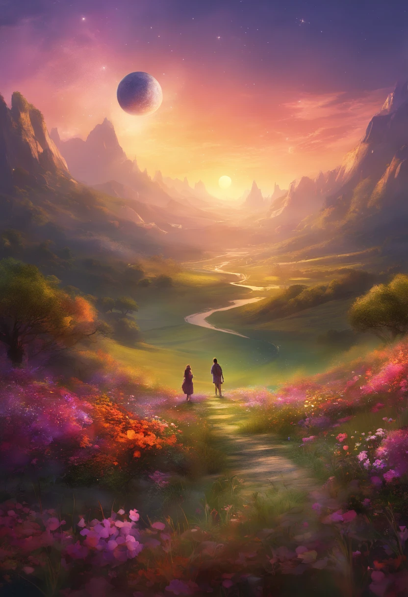 Vastas fotos de paisagem, (de baixo, the sky above, Abrir campos abaixo), a boy standing in a field of flowers looking up, (lua cheia: 1.2), (Meteoro: 0.9), (nebula: 1.3), montanhas distantes, Trees BREAK Making Art, (Fonte de Luz Quente: 1.2), (Pirilampo: 1.2), lamps, Muito roxo e laranja, detalhes intrincados, volumetric lighting BREAK (master part: 1.2), (melhor qualidade), 4k, ultra detalhado, (dynamic compositing: 1.4), circunstanciado, colorido, (iridescente: 1.2), (brilhar, Atmospheric Illumination), sonhador, Fantastic, (sozinho: 1.2)