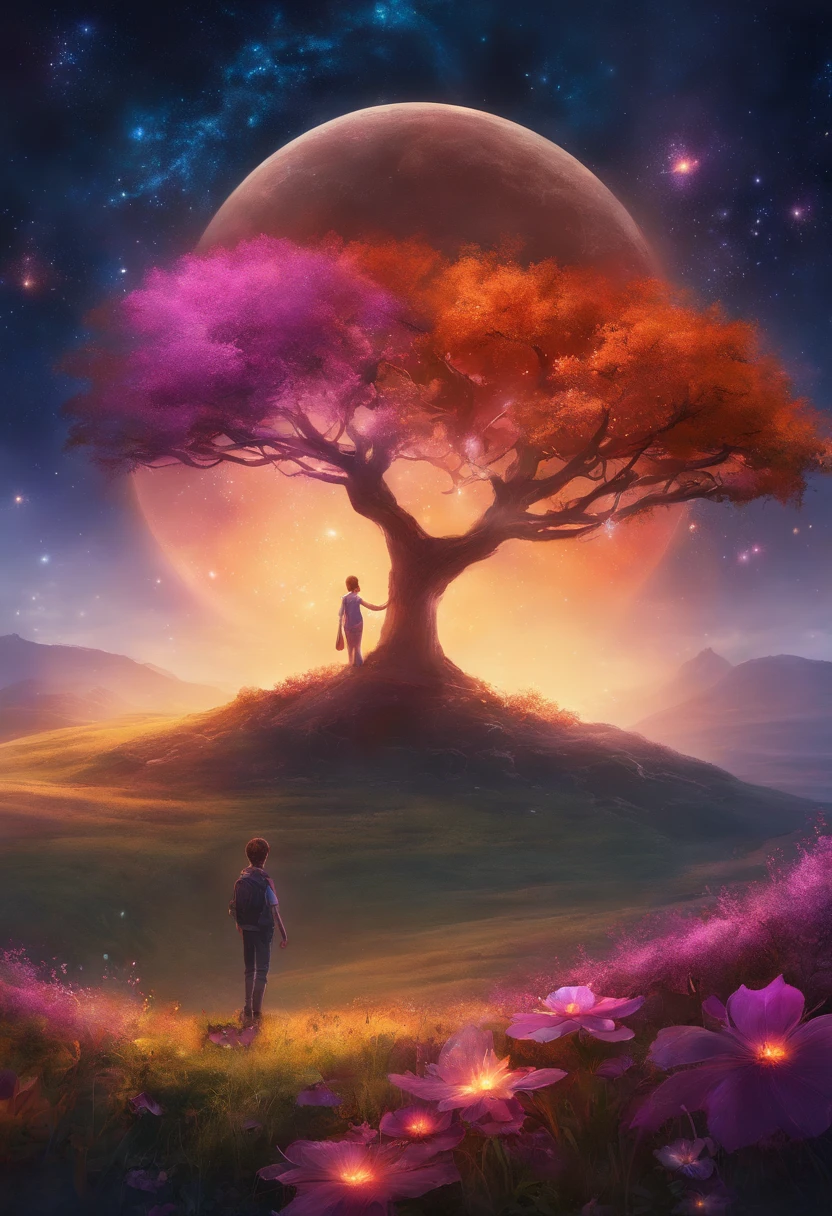 Vastas fotos de paisagem, (de baixo, the sky above, Abrir campos abaixo), a boy standing in a field of flowers looking up, (lua cheia: 1.2), (Meteoro: 0.9), (nebula: 1.3), montanhas distantes, Trees BREAK Making Art, (Fonte de Luz Quente: 1.2), (Pirilampo: 1.2), lamps, Muito roxo e laranja, detalhes intrincados, volumetric lighting BREAK (master part: 1.2), (melhor qualidade), 4k, ultra detalhado, (dynamic compositing: 1.4), circunstanciado, colorido, (iridescente: 1.2), (brilhar, Atmospheric Illumination), sonhador, Fantastic, (sozinho: 1.2)