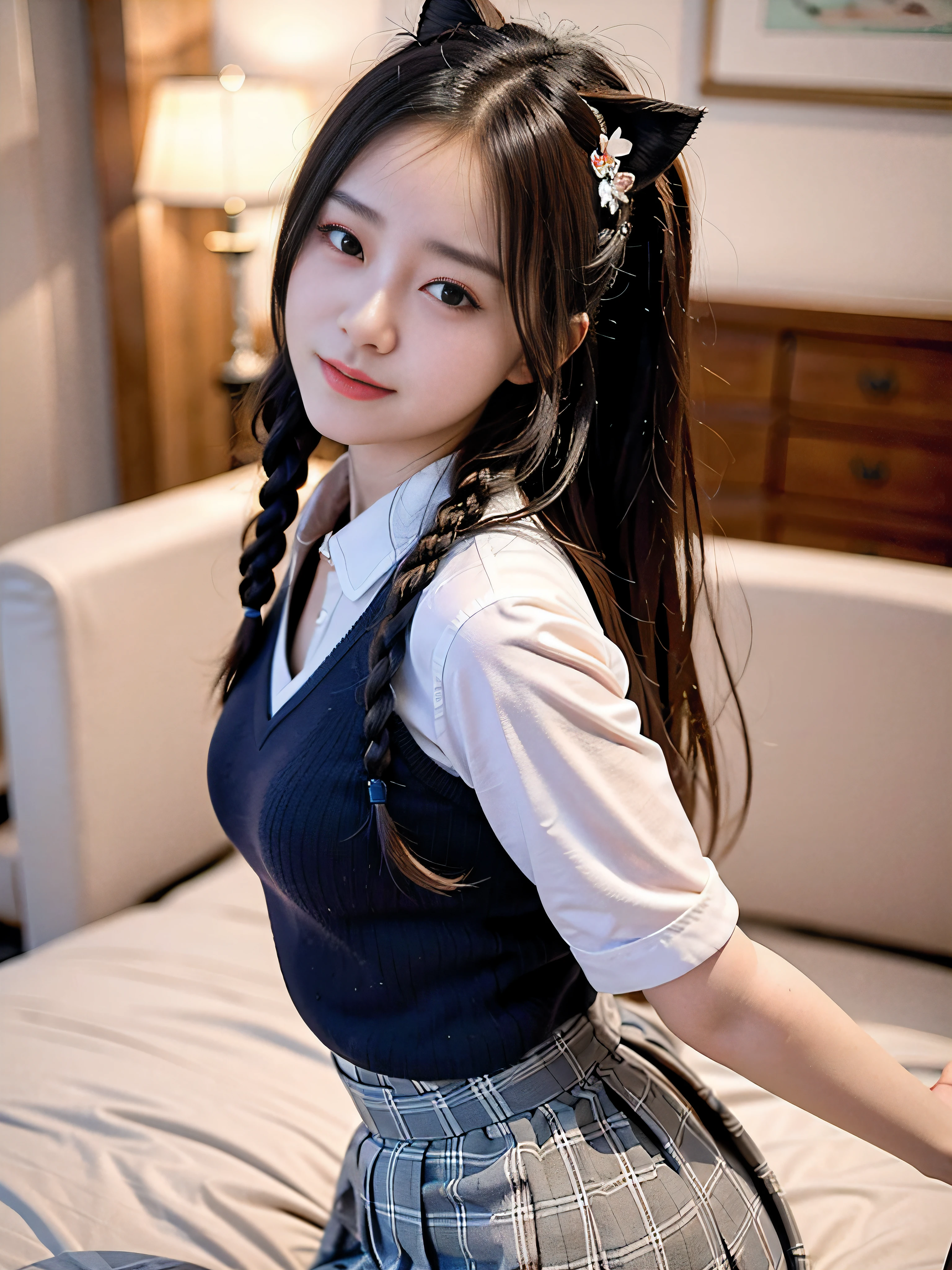 (pureerosface_v1:0.66), Best Quality, Ultra High Resolution, (Photorealistic: 1.4), 1 girl, Fine eyes, Dark Eye Makeup, Slim waist, blush, K-pop idol, (charm: 1.0), Fine eye makeup, Puffy eyes, Solo, Perfect Anatomy, (Big), (cleavage), (slender), (Black hair: 1), (Look at the viewer), Sitting, crossed legs, Chair, (Original_Alice), (Light blue tie), (marine blue eyes),(zhuo),(Alice_Halo:0.7),(Blue halo),(Smile),(Happiness),(Pigtails),(Long hair),(long bangle archive),(Black Hair Band),(Long coat),(School uniform),(White long-sleeved shirt),( Pleated skirt),(Navy blue skirt),(Bare legged),NSFW,depth of fields,Facial details,skin gloss,Beautiful eyes,Dark Eye Makeup、Slim waist,Cheeks,Fine eye makeup,Solo,Perfect Anatomy,