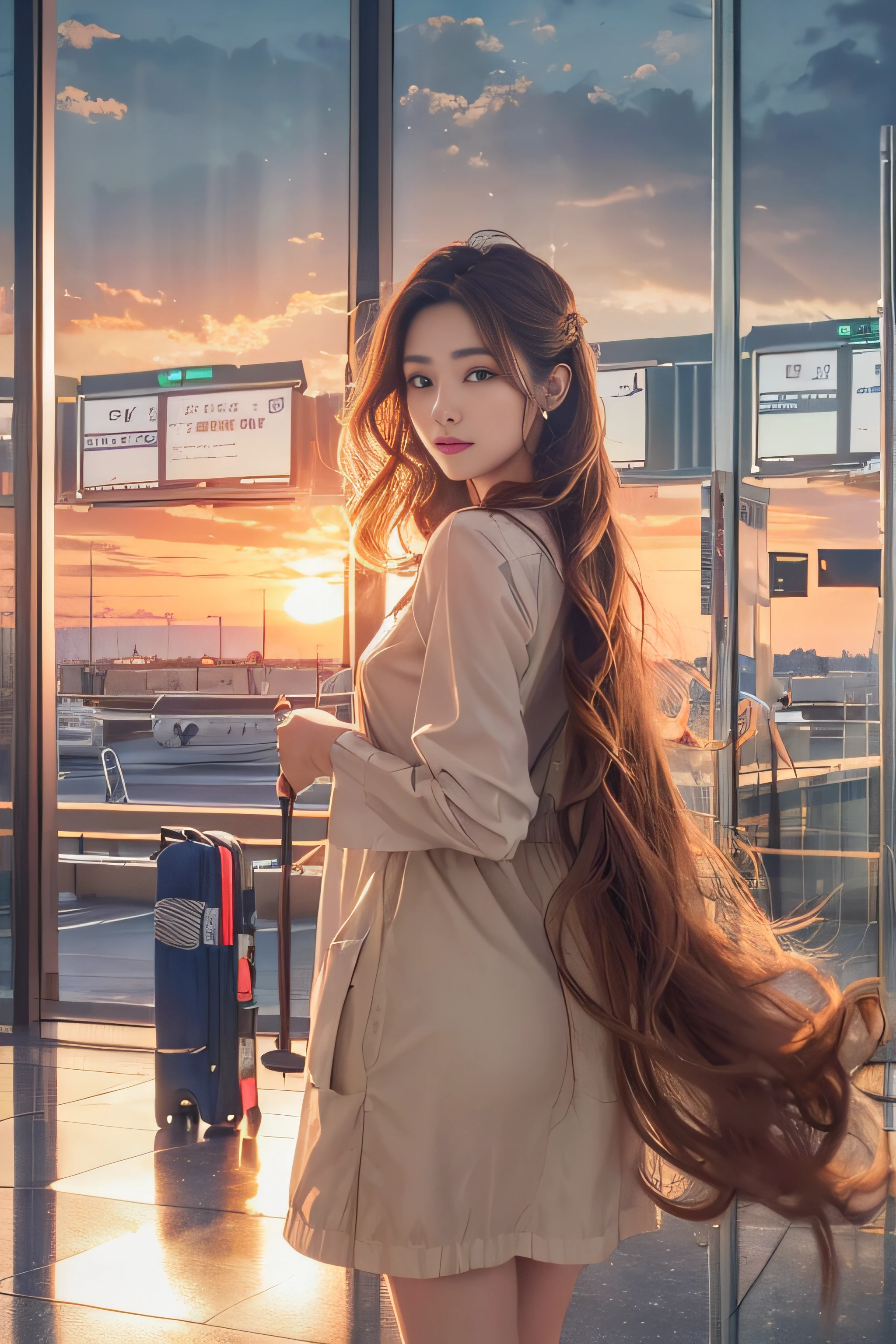 1womanl、Early 20s、(Strong-willed super beautiful woman)、(ultra beautiful faces)、is standing、Wearing makeup、Wavy brown hair、(Airport in the evening:1.1)、Large windows at the departure gate、(Sunset view from background window)、Shallow depth of field
