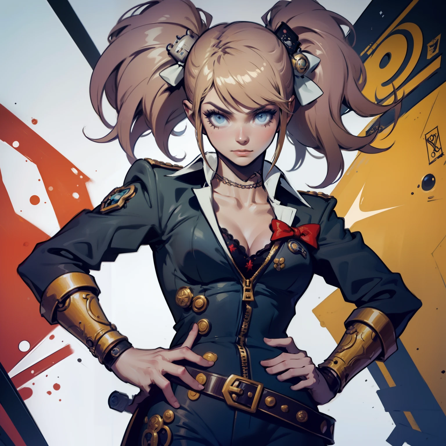 Primer plano de un mujer con un disfraz de pistola, ((arte conceptual del personaje)), ((character design sheet, mismo personaje, frente, lado, derriere)) arte de personaje de historia de arce, video game character design, video game character design, chica de pistola de historia de arce, arte conceptual experto de alto detalle, arte conceptual de bala de metal, Funny character design, Lucio como mujer, Inspiration of gravity fever, sticky tar. Arte conceptual, belt buckle at waist, arma steampunk,
