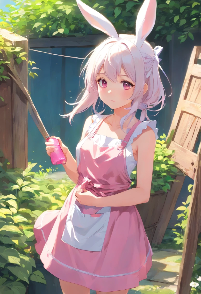Rabbit-eared girl in white dress standing in garden, white hair、silber hair、Sleeveless,(((Hang the laundry to dry)))、(((pink apron)))、Holding a laundry basket, in dress, small curvy lolitwork in the style of guweiz, guweiz on pixiv artstation, guweiz on artstation pixiv, guweiz, small loli giroft anime illustration, Anime visuals of cute girls, Detailed Digital Anime Art