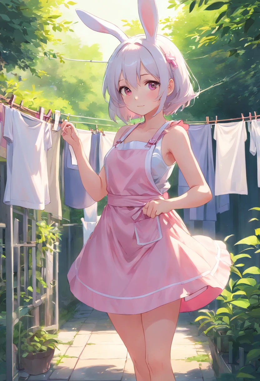 Rabbit-eared girl in white dress standing in garden, white  hair、silber hair、Sleeveless，(((Hang the laundry to dry)))、(((pink apron)))、Holding a laundry basket，loli in dress, ??????????? loli, artwork in the style of guweiz, guweiz on pixiv artstation, guweiz on artstation pixiv, guweiz, small loli girl, soft anime illustration, Anime visuals of cute girls, Detailed Digital Anime Art