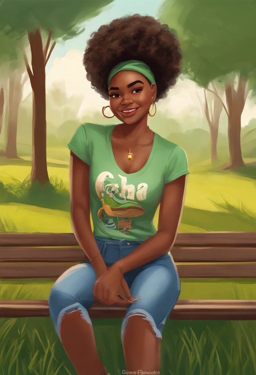 Um desenho de uma nigeriana de 19 anos com cabelos afro castanhos e uma camiseta de reggae. She's sitting on a white bench in a green field, full of grass and trees. She holds the phone with her right hand and strikes a fun pose for the camera. She has a cheerful and confident expression, but also challenging. She looks directly at who is seeing the drawing, como se quisesse mostrar a sua personalidade forte e independente. O desenho tem um estilo inspirado nos filmes da Pixar, with soft strokes and vibrant colors.