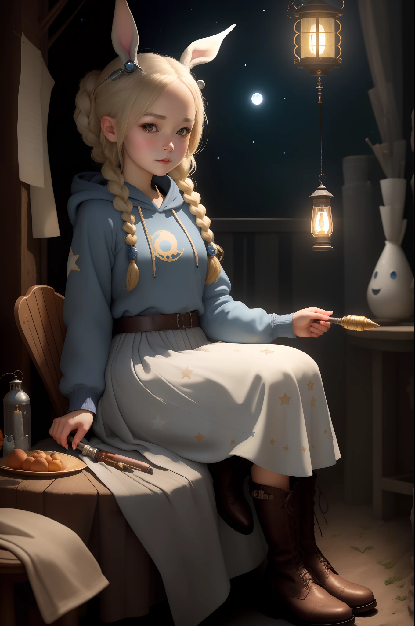 Top image quality、masterpiece、Norman Rockwell's style、Lunar surface、Beautiful fair-skinned girl in long sleeve hoodie、spaces 、Star 3D、The iris is blue、Cute face、a small face、Light makeup、two rabbit ears on the head,、blonde hair in braids、tiny chest、Big buttocks、sitting on、Full body like、She holds a magic wand in her right hand、 She has a lantern hanging in her left hand、Long skirt with many rabbit prints、Leather boots、Robot with round head and three legs of long color on background、thirds rule、Ultra-wide low-angle