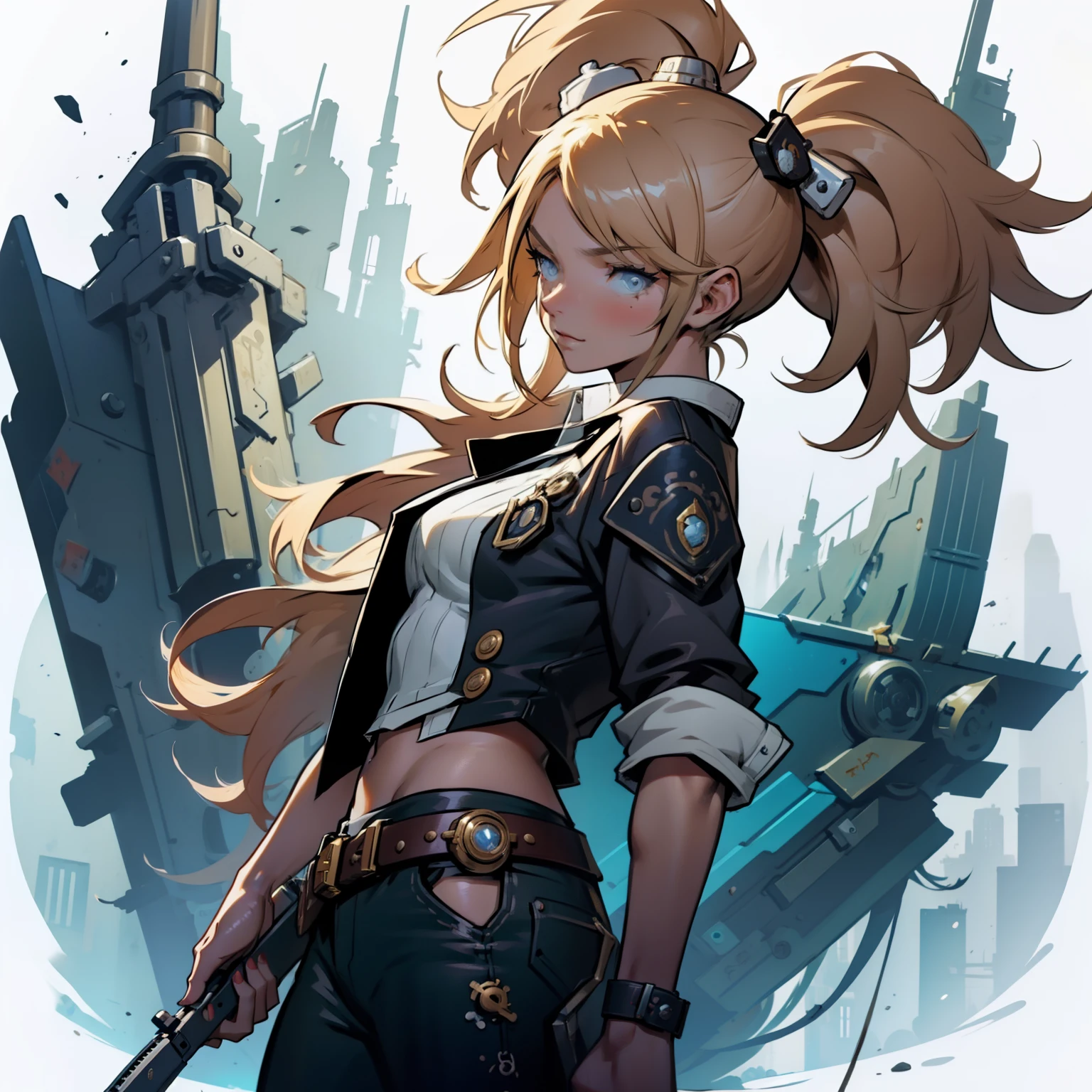 Close-up of a girl in a gun costume, ((character concept art)), ((character design sheet, same character, front, side, back)) maple story character art, video game character design, video game character design, maple story gun girl, expert high detail concept art, metal bullet concept art, funny character design, Lucio as a woman, gravity rush inspiration, sticky tar. Concept art, belt buckle at waist, steampunk weapon,
