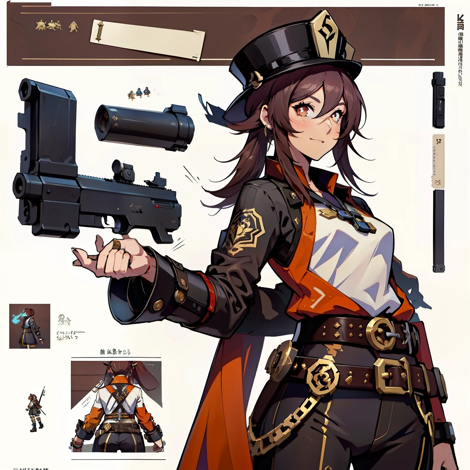 Close-up of a girl in a gun costume, ((character concept art)), ((character design sheet, same character, front, side, back)) maple story character art, video game character design, video game character design, maple story gun girl, expert high detail concept art, metal bullet concept art, funny character design, Lucio as a woman, gravity rush inspiration, sticky tar. Concept art, belt buckle at waist, steampunk weapon,