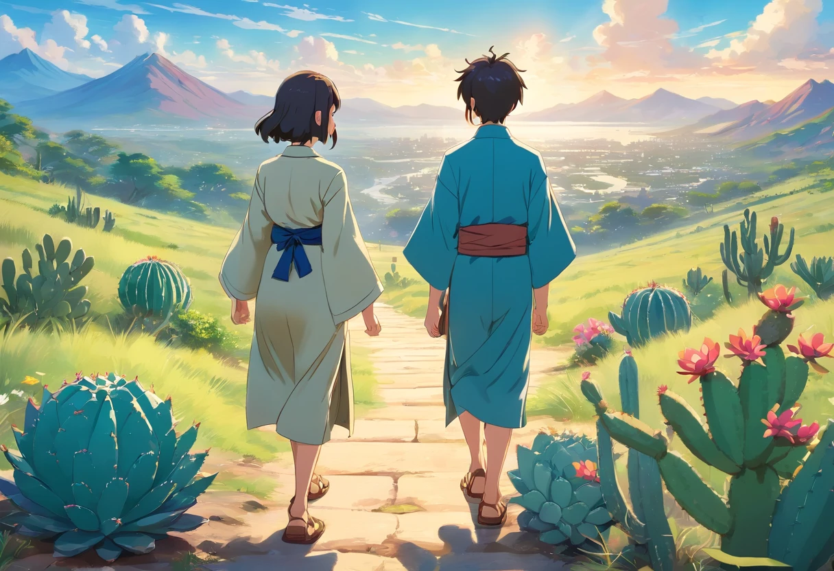 realistic drawing, Landscape, Cacti, succulent plants, daylight, green grass, cactus flower, blue sky, wallpaper, colorful succulents, mountains, Nature,"Create a 3D Disney style illustration of a man walking gracefully while using traditional Judean clothing. Pay meticulous attention to the details of your attire, including the robe, sandals, and any distinctive accessories. Ensure that your posture and expressions reflect the historical and cultural context. Place the character in a visually stunning Jewish landscape, capturing the essence of the region's beauty and historical significance. Use Disney's signature style to infuse the character with charm and authenticity.
