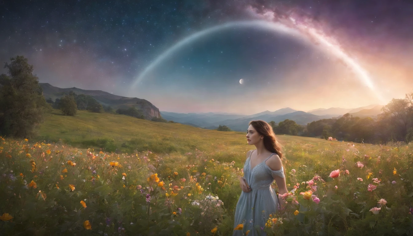 expansive landscape photography, (a bottom view showing the sky above and open country below), a girl standing in a field of flowers looking up, (full moon: 1.2), (shooting stars: 0.9), (nebula : 1.3), distant mountain, BREAK tree production art, (warm light source: 1.2), (Firefly: 1.2), lamp, lots of purple and orange, intricate details, volumetric lighting, BREAK realism (masterpiece: 1.2) , (best quality), 4k, ultra-detailed, (dynamic compositing: 1.4), highly detailed, colorful details, (iridescent colors: 1.2), (bright lighting, atmospheric lighting), dreamy, magical, (solo: 1.2)