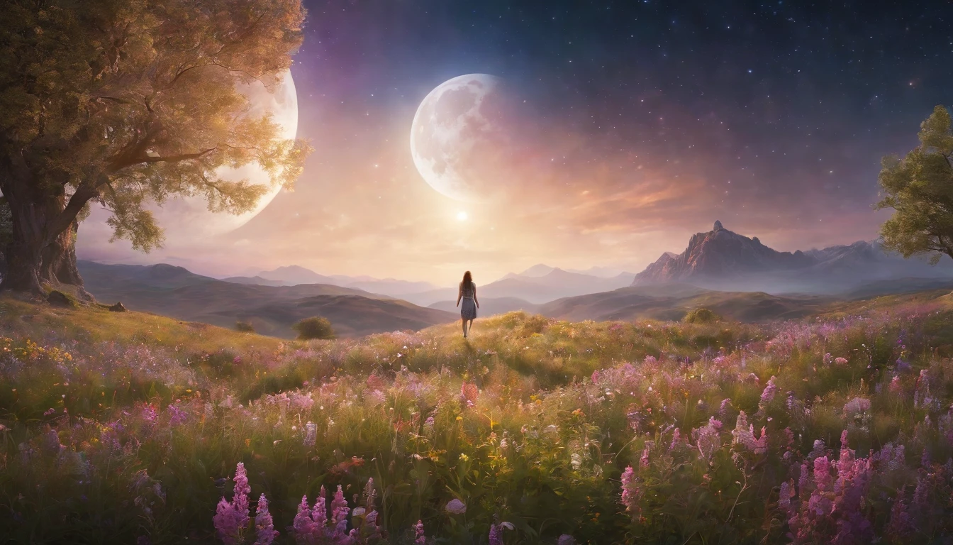 expansive landscape photography, (a bottom view showing the sky above and open country below), a girl standing in a field of flowers looking up, (full moon: 1.2), (shooting stars: 0.9), (nebula : 1.3), distant mountain, BREAK tree production art, (warm light source: 1.2), (Firefly: 1.2), lamp, lots of purple and orange, intricate details, volumetric lighting, BREAK realism (masterpiece: 1.2) , (best quality), 4k, ultra-detailed, (dynamic compositing: 1.4), highly detailed, colorful details, (iridescent colors: 1.2), (bright lighting, atmospheric lighting), dreamy, magical, (solo: 1.2)