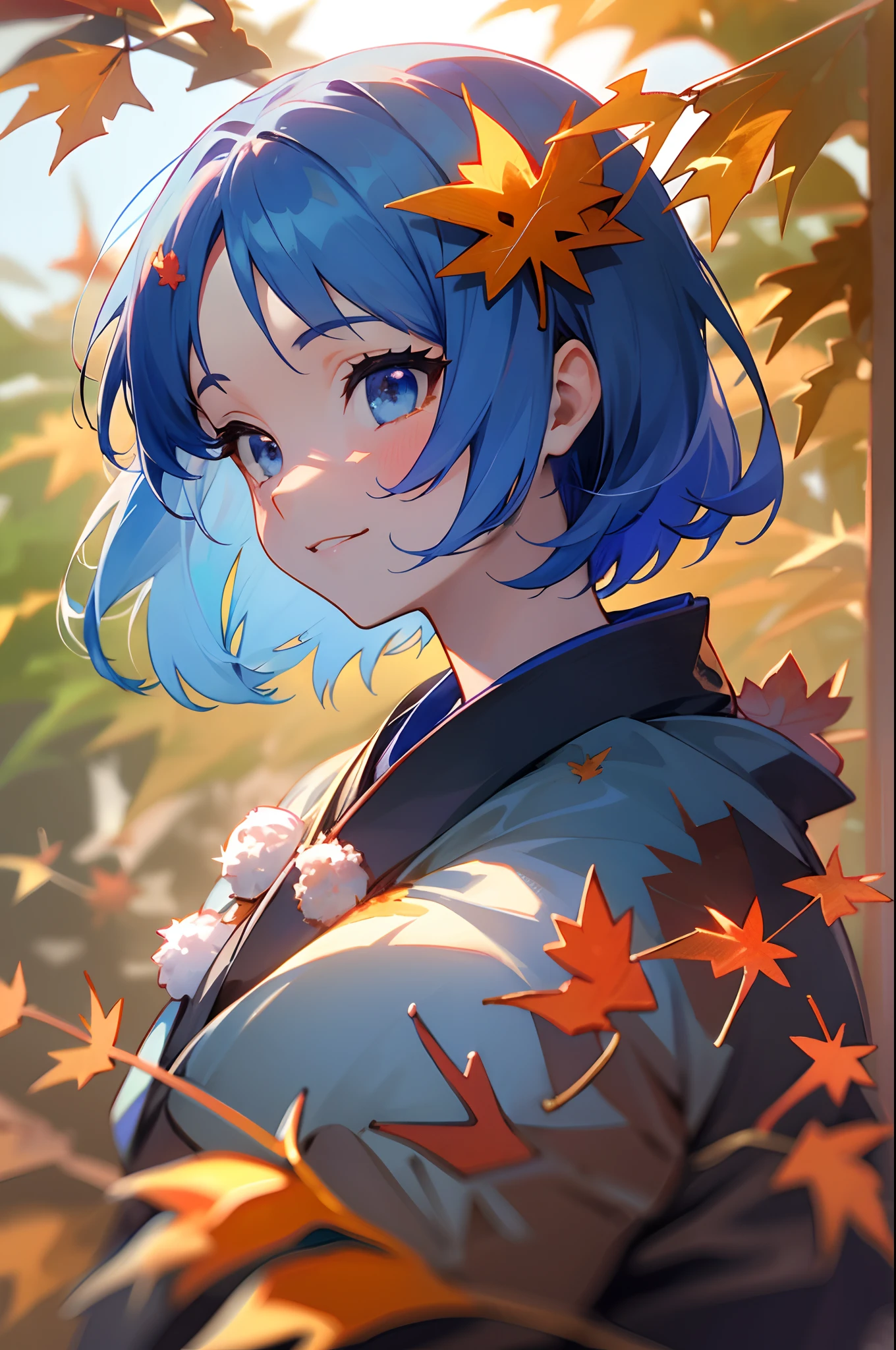 ((masutepiece,Best Quality)),1girl in, Hair short like a boy、Dark blue hair、Light blue hair band:1.2、Blue eyes、A slight smil, Blurry background, branch, Dappled sunlight, flower, From Side, Hair Flower, Hair Ornament, Komono, Kimono, fronds, (Maple leaf:1.9), Obi, Outdoors, sash, Solo, Sunlight, Upper body