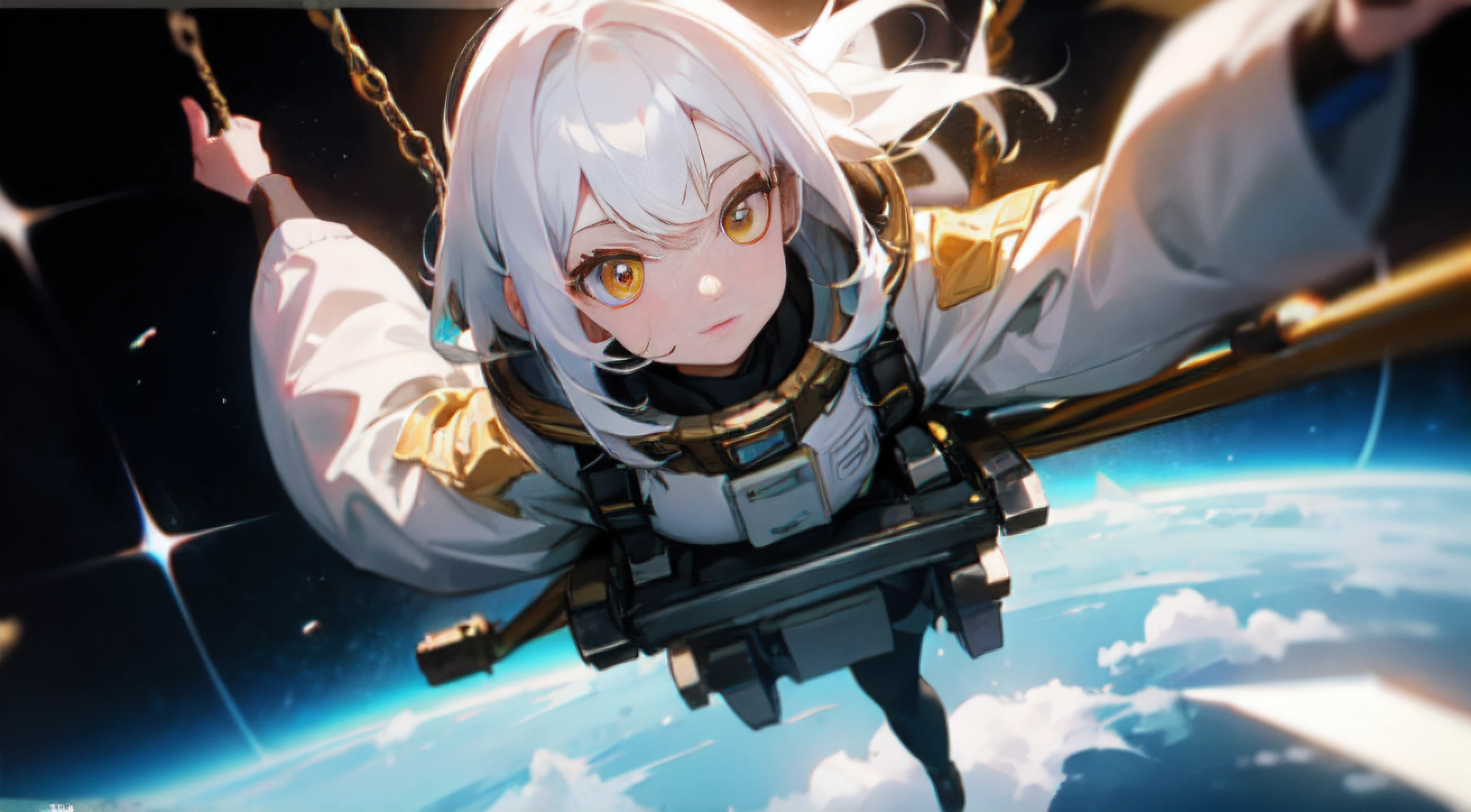 1 girl with white hair and golden eyes on a swing in space