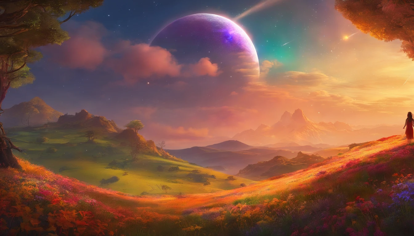 fotografia de paisagem expansiva, (a view from below showing the sky above and the open country below), a girl standing on a flower field looking up, (lua cheia: 1.2), (estrelas cadentes: 0.9), (nebulosa: 1.3), montanha distante, BREAK tree production art, (fonte de luz quente: 1.2), (Firefly: 1.2), bulb, muito roxo e laranja, detalhes intrincados, volumeric lighting, realismo BREAK (obra-prima: 1.2) , (melhor qualidade), 4k, ultra-detalhado, (dynamic compositing: 1.4), detalhes coloridos altamente detalhados, (cores iridescentes: 1.2), (bright illumination, Atmospheric Illumination), sonhador, magica, (solo: 1.2)