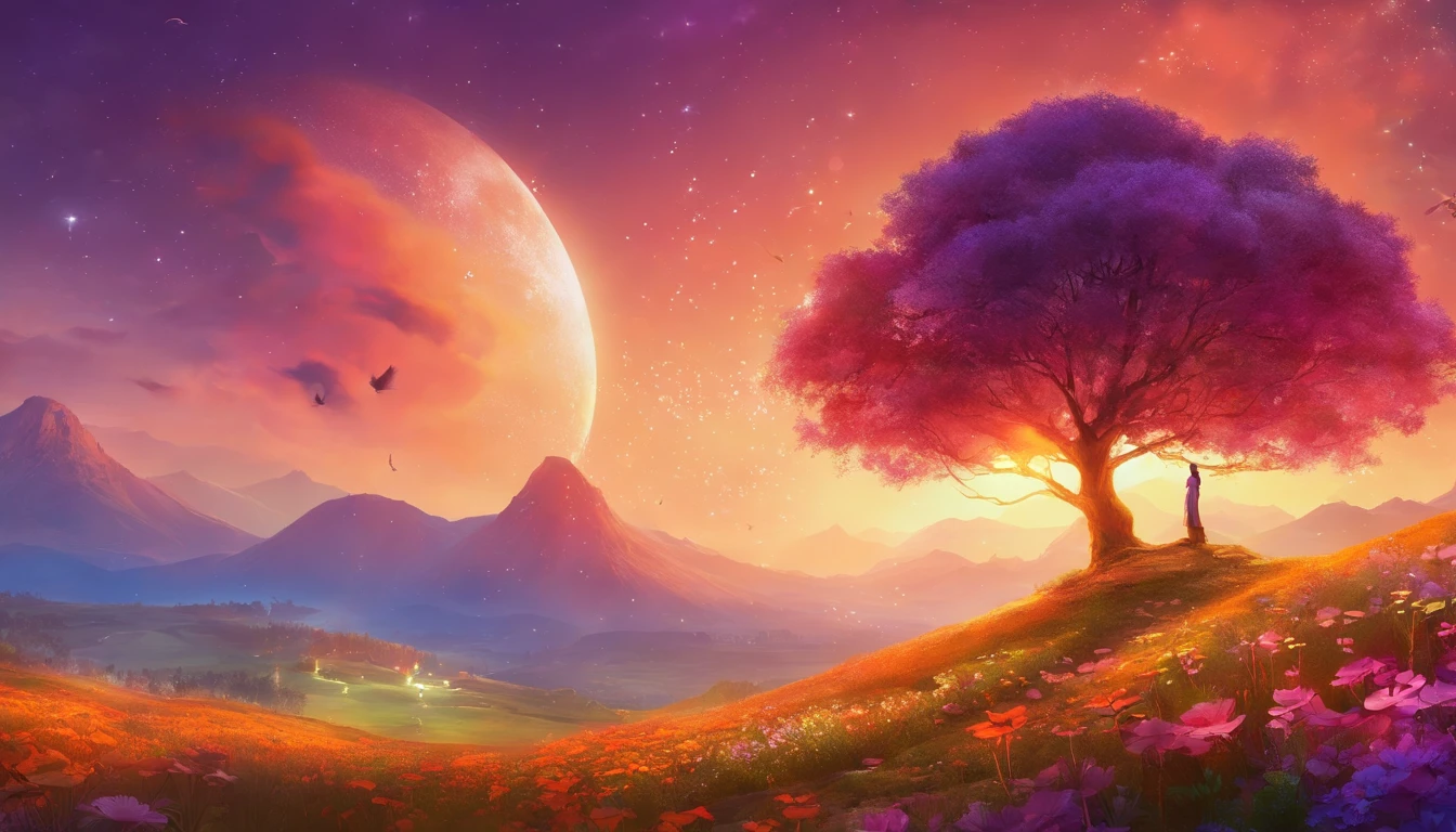 fotografia de paisagem expansiva, (a view from below showing the sky above and the open country below), a girl standing on a flower field looking up, (lua cheia: 1.2), (estrelas cadentes: 0.9), (nebulosa: 1.3), montanha distante, BREAK tree production art, (fonte de luz quente: 1.2), (Firefly: 1.2), bulb, muito roxo e laranja, detalhes intrincados, volumeric lighting, realismo BREAK (obra-prima: 1.2) , (melhor qualidade), 4k, ultra-detalhado, (dynamic compositing: 1.4), detalhes coloridos altamente detalhados, (cores iridescentes: 1.2), (bright illumination, Atmospheric Illumination), sonhador, magica, (solo: 1.2)