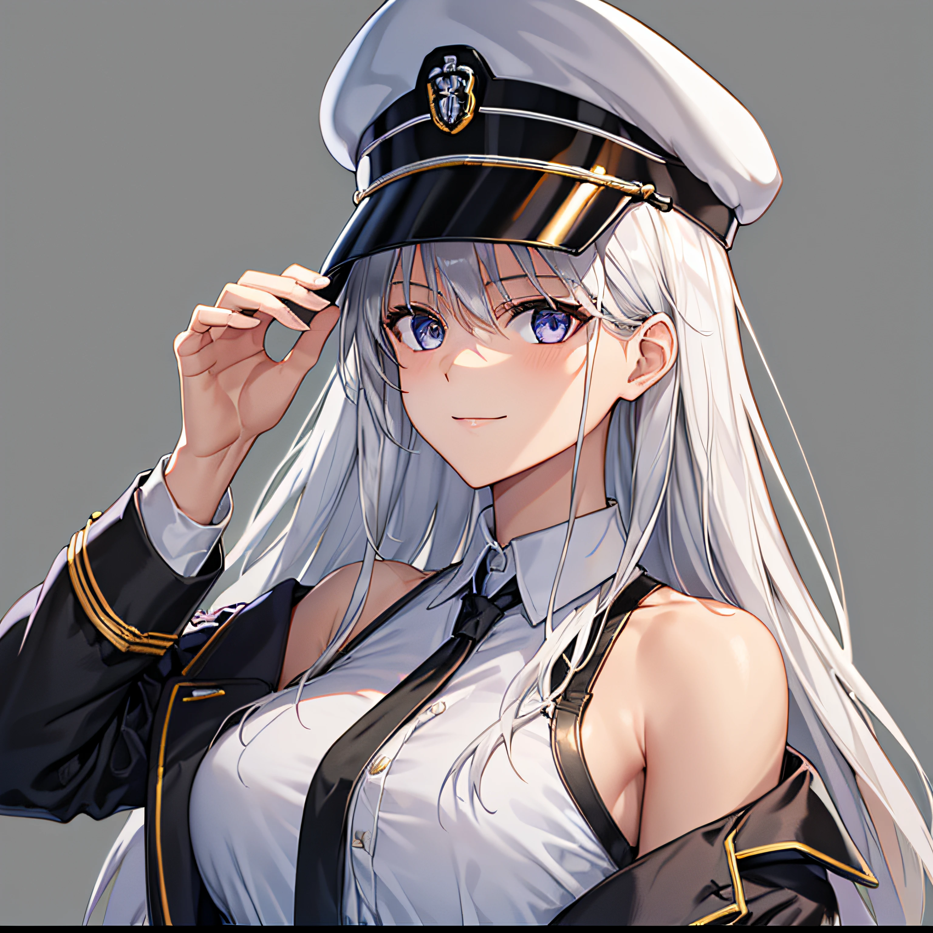 1girl,male_pov,big_breasts,lavender_eyes,white hair,Face turning to the left,Looking at the viewer,white military hat,Hand on cap,small face, high_detailed_hands,high_res, high_definition,long hair, Bare shoulders, bare shoulders,Black tie,White shirt,small smile,Black jacket,