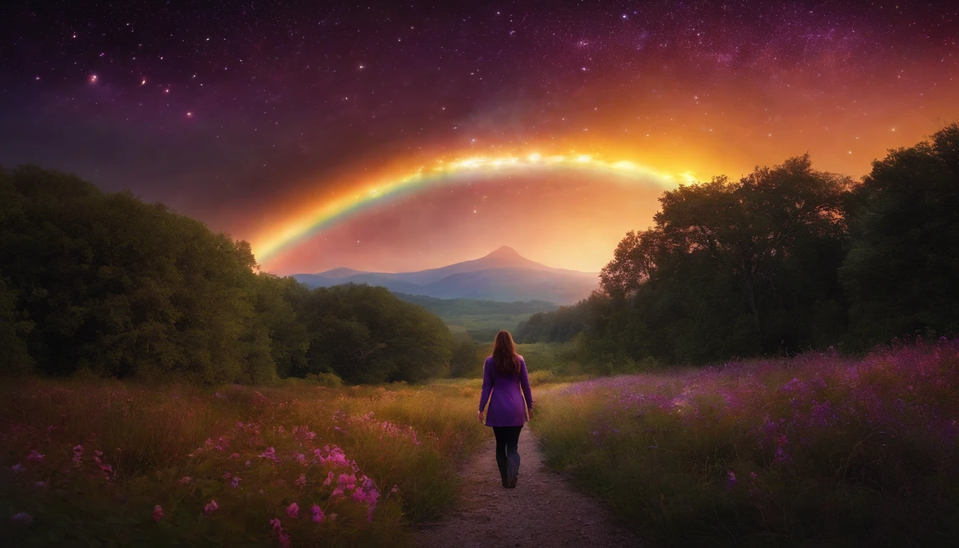 A wide landscape photo, (viewed from below, the sky is above, and the open field is below), a girl standing on a flower field looking up, (full moon: 1.2), (meteor: 0.9), (nebula: 1.3), distant mountains , Trees BREAK Crafting Art, (Warm Light: 1.2), (Firefly: 1.2), Lights, Lots of Purple and Orange, Intricate Details, Volumetric Lighting BREAK (Masterpiece: 1.2), (Best Quality), 4k, Ultra Detailed, (Dynamic Composition: 1.4), Rich in Detail and Color, (Rainbow Color: 1.2), (Glow, Atmospheric Lighting), Dreamy, Magical, (Solo: 1.2)