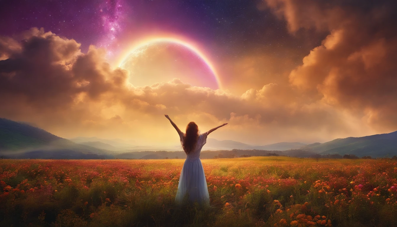 A wide landscape photo, (viewed from below, the sky is above, and the open field is below), a girl standing on a flower field looking up, (full moon: 1.2), (meteor: 0.9), (nebula: 1.3), distant mountains , Trees BREAK Crafting Art, (Warm Light: 1.2), (Firefly: 1.2), Lights, Lots of Purple and Orange, Intricate Details, Volumetric Lighting BREAK (Masterpiece: 1.2), (Best Quality), 4k, Ultra Detailed, (Dynamic Composition: 1.4), Rich in Detail and Color, (Rainbow Color: 1.2), (Glow, Atmospheric Lighting), Dreamy, Magical, (Solo: 1.2)