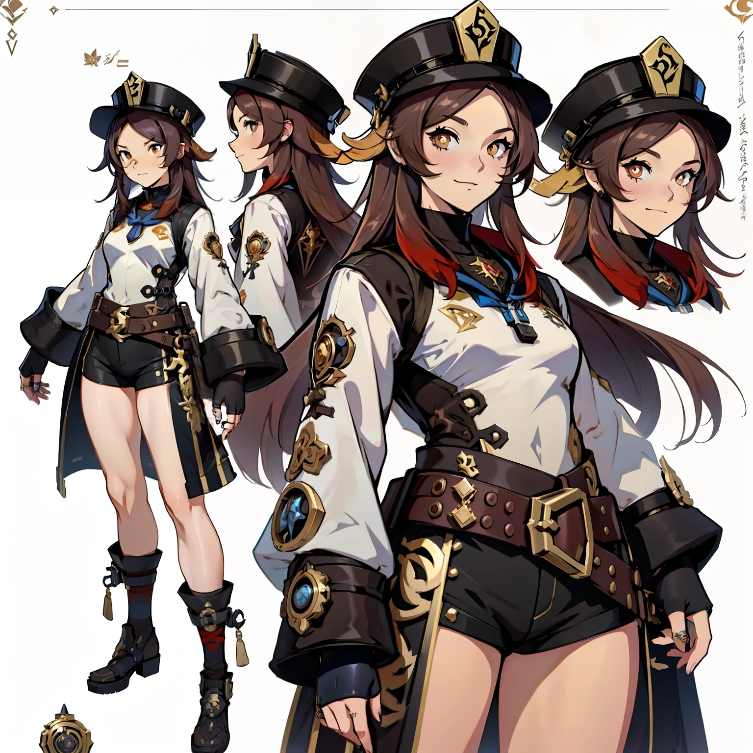 Close-up of a girl in a gun costume, ((character concept art)), ((character design sheet, same character, front, side, back)) maple story character art, video game character design, video game character design, maple story gun girl, expert high detail concept art, metal bullet concept art, funny character design, Lucio as a woman, gravity rush inspiration, sticky tar. Concept art, belt buckle at waist, steampunk weapon,