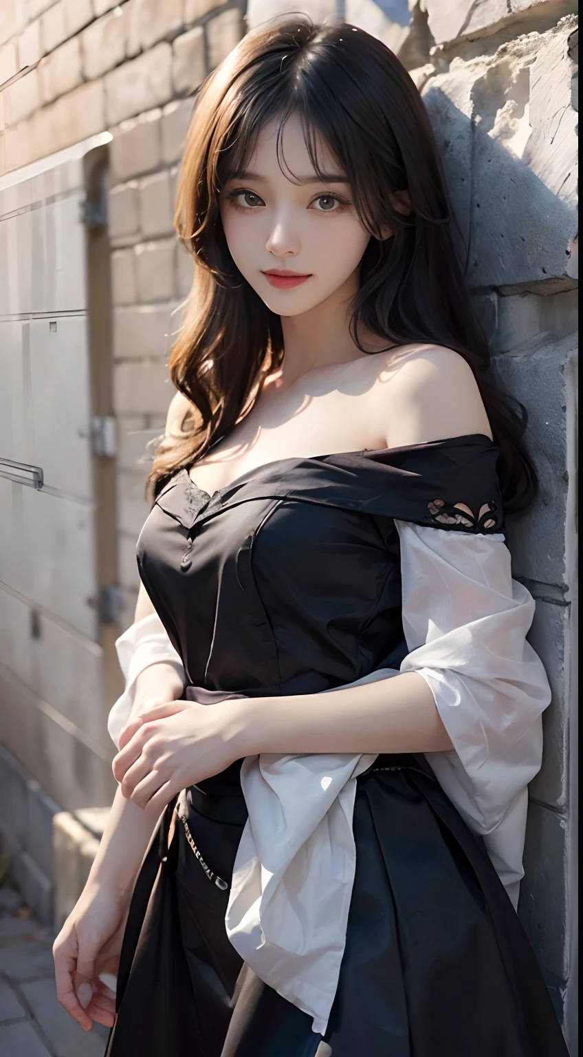 (A hyper-realistic)、(illustratio)、(hight resolution)、(8K)、(ighly detailed)、(Best Illustration)、(beautifully detailed eyes)、(top-quality)、(ultra-detailliert)、(masterpiece)、(wall-paper)、(A detailed face)、独奏、1 girl in、looking at viewert、fine detailed、A detailed face、in the darkness nigth、deep-shadows、lowkey、pureerosfaceace_v1、A smile、long、Black shawl straight hair、46-point diagonal bangs, (silk dresses、long skirt)(off shoulders)View of the castle、、Stand against the wall