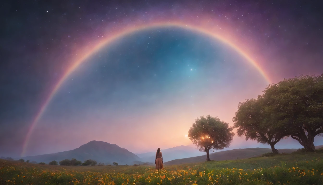 A wide landscape photo, (viewed from below, the sky is above, and the open field is below), a girl standing on a flower field looking up, (full moon: 1.2), (meteor: 0.9), (nebula: 1.3), distant mountains , Trees BREAK Crafting Art, (Warm Light: 1.2), (Firefly: 1.2), Lights, Lots of Purple and Orange, Intricate Details, Volumetric Lighting BREAK (Masterpiece: 1.2), (Best Quality), 4k, Ultra Detailed, (Dynamic Composition: 1.4), Rich in Detail and Color, (Rainbow Color: 1.2), (Glow, Atmospheric Lighting), Dreamy, Magical, (Solo: 1.2)