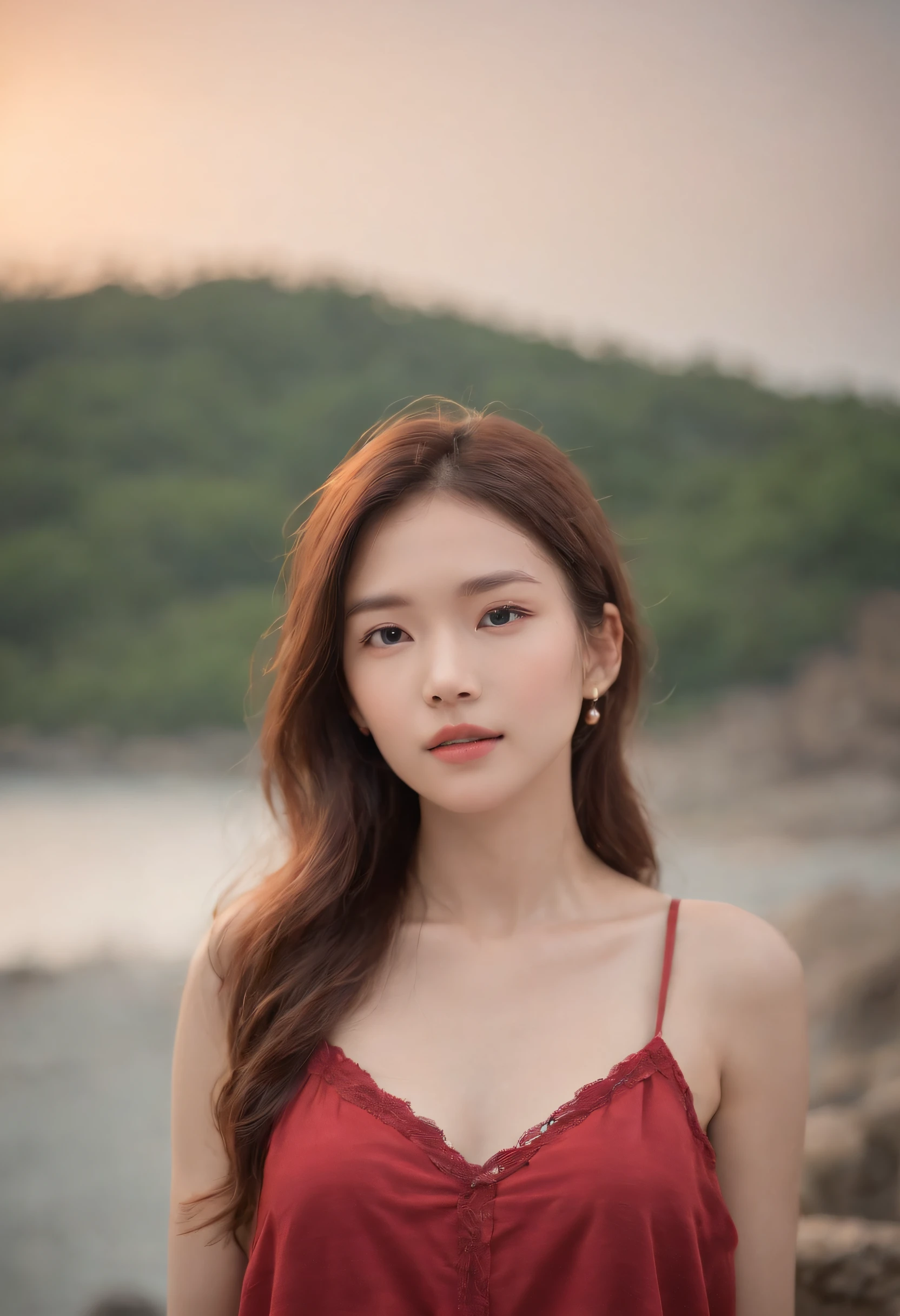 8yk、Raw photo、(masuter piece)、(top-quality)、Hi-Res、(girl with)、(realisitic、Photorealsitic:1.2), Upper body、Red camisole、Facing up、skinny、14years、small tits、Eyes closed、Deep sadness、Sorrow、look up sky、Open mouth、screeming、a room、Background blur