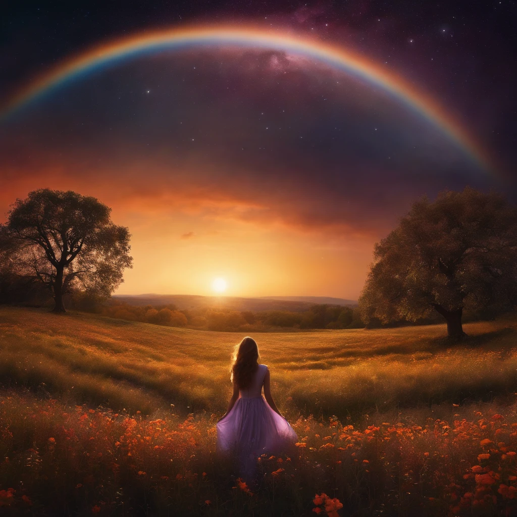 A wide landscape photo, (viewed from below, the sky is above, and the open field is below), a girl standing on a flower field looking up, (full moon: 1.2), (meteor: 0.9), (nebula: 1.3), distant mountains , Trees BREAK Crafting Art, (Warm Light: 1.2), (Firefly: 1.2), Lights, Lots of Purple and Orange, Intricate Details, Volumetric Lighting BREAK (Masterpiece: 1.2), (Best Quality), 4k, Ultra Detailed, (Dynamic Composition: 1.4), Rich in Detail and Color, (Rainbow Color: 1.2), (Glow, Atmospheric Lighting), Dreamy, Magical, (Solo: 1.2)