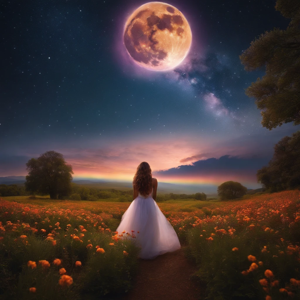 A wide landscape photo, (viewed from below, the sky is above, and the open field is below), a girl standing on a flower field looking up, (full moon: 1.2), (meteor: 0.9), (nebula: 1.3), distant mountains , Trees BREAK Crafting Art, (Warm Light: 1.2), (Firefly: 1.2), Lights, Lots of Purple and Orange, Intricate Details, Volumetric Lighting BREAK (Masterpiece: 1.2), (Best Quality), 4k, Ultra Detailed, (Dynamic Composition: 1.4), Rich in Detail and Color, (Rainbow Color: 1.2), (Glow, Atmospheric Lighting), Dreamy, Magical, (Solo: 1.2)